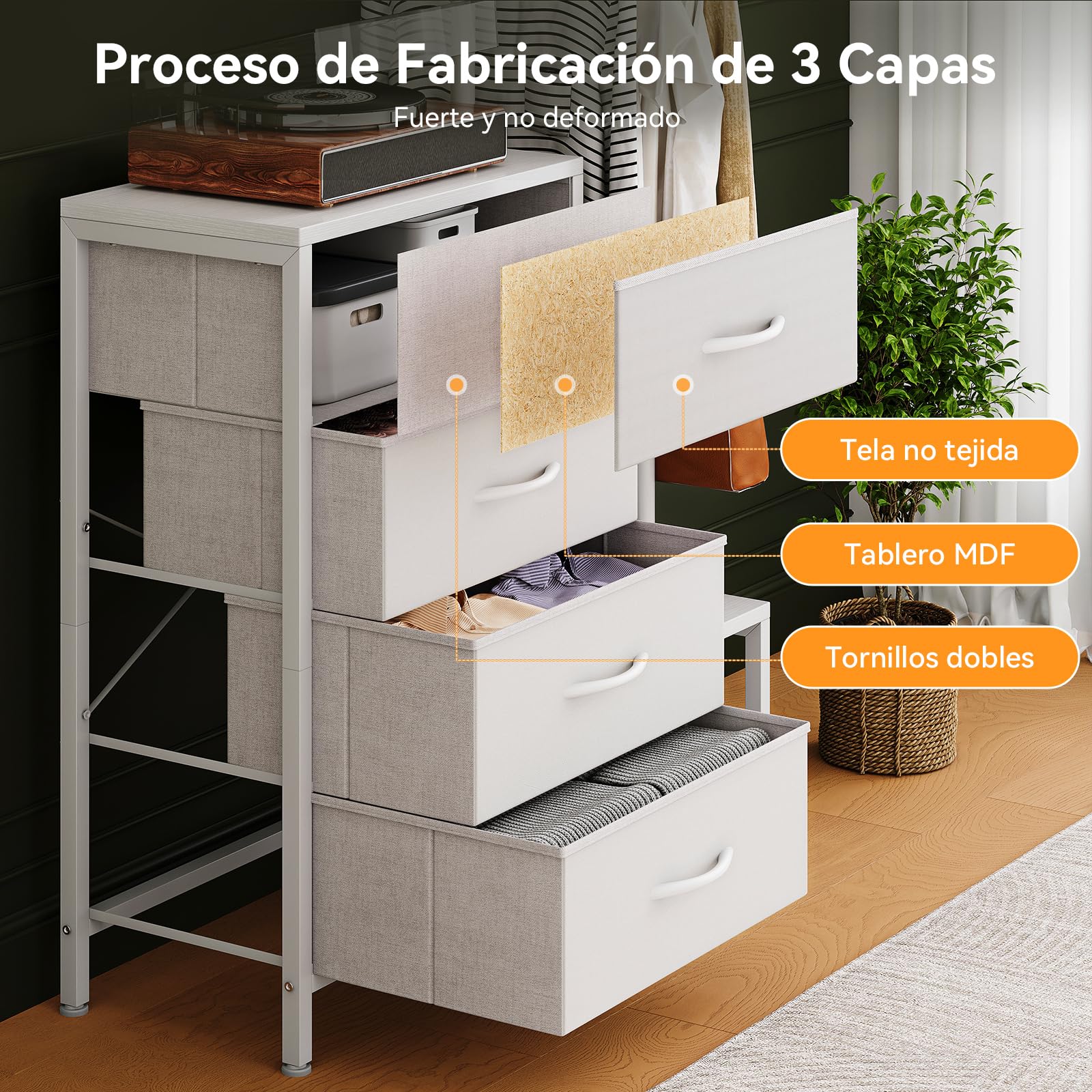 ODK Comoda Dormitorio 3 en 1, con Burro Ropa y 2 Ganchos para Abrigos, Zapatero de Doble Capa en la Parte Inferior, 4 Cajonera de Tela, Ideal para Dormitorio y Pasillo, Blanco