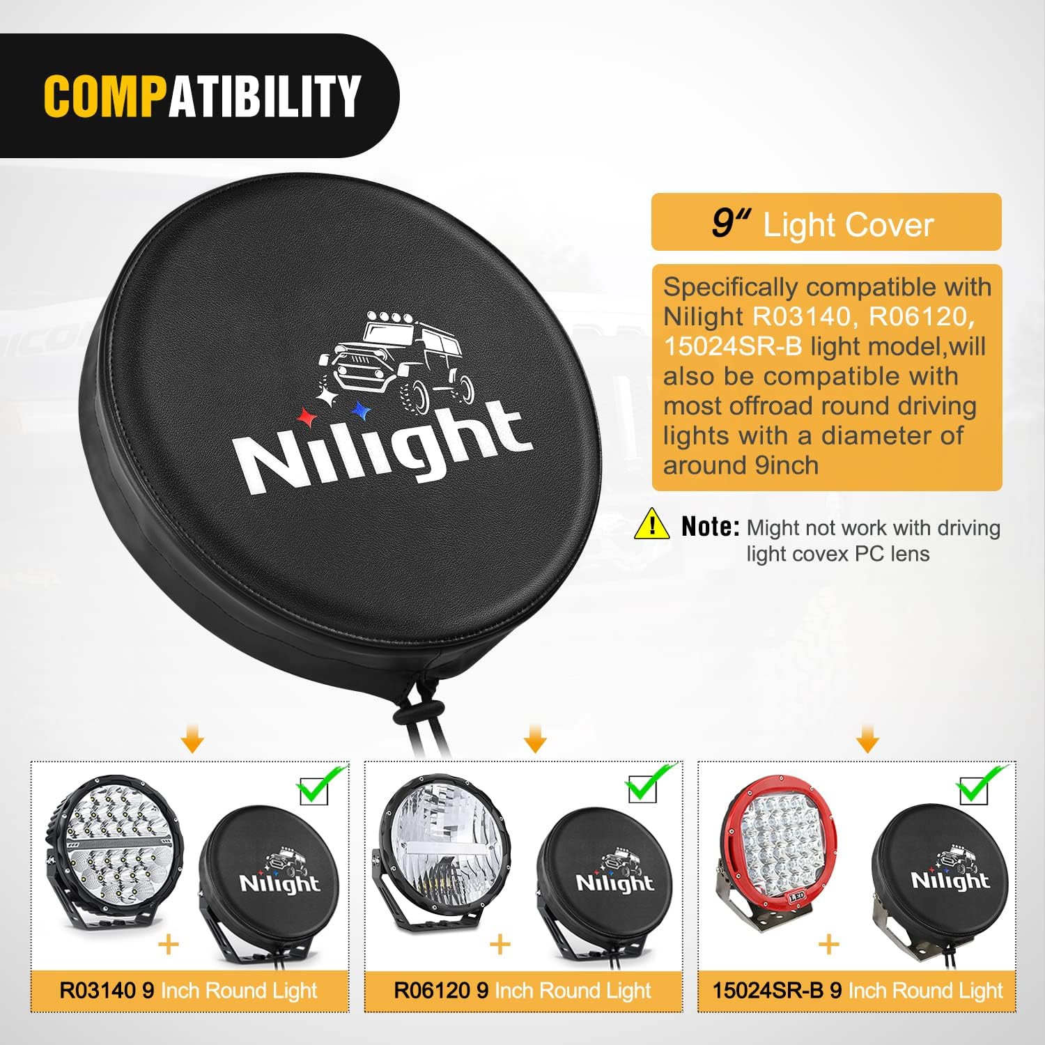 Nilight 9inch Round Offroad Driving Pod Light Cover, 9.25 Inch Diameter Black Leather Protective Cover for Auxiliary Ditch Fog Bumper Headlight on Jeep Truck SUV ATV UTV Tractor