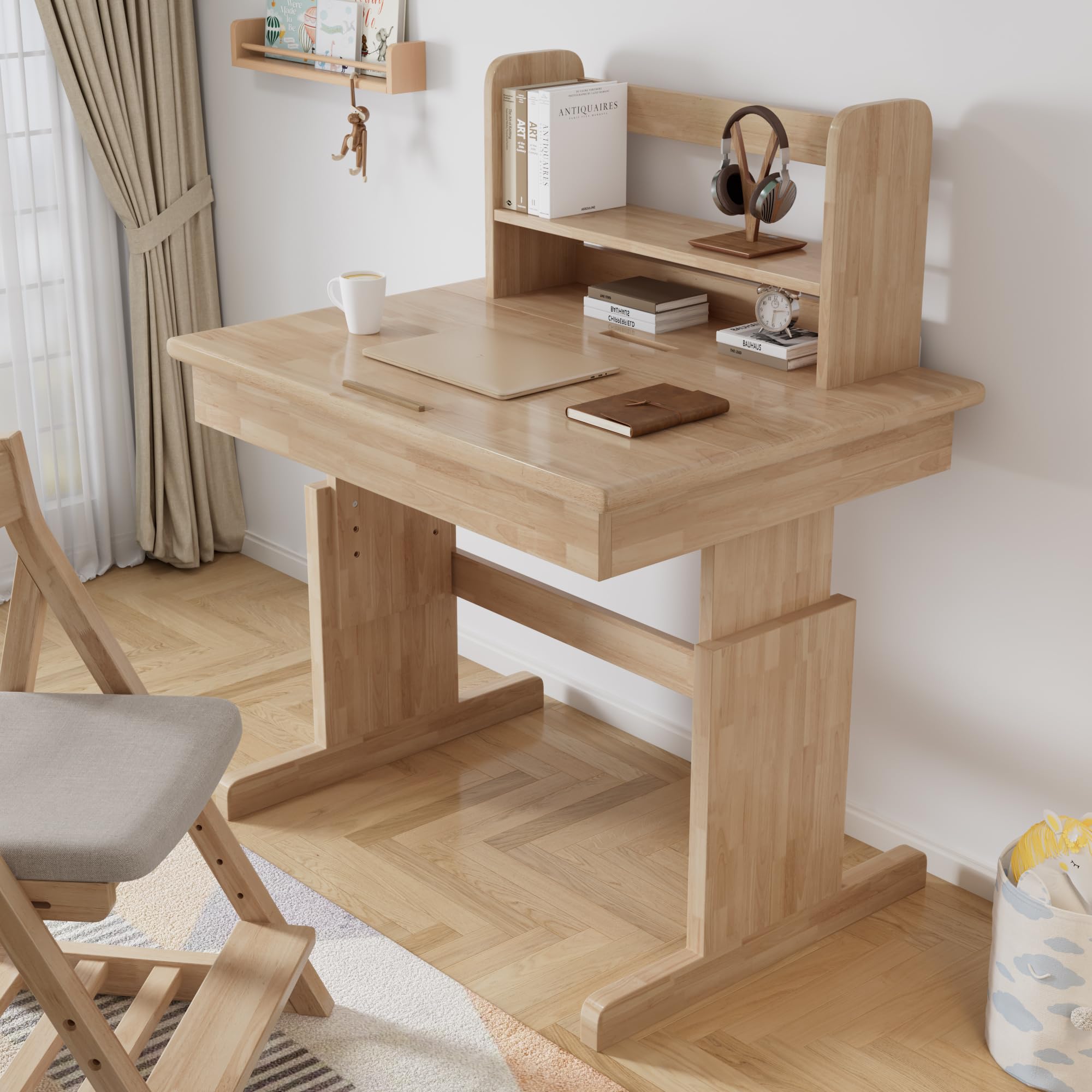 MURUL Mesa infantil multifunción de madera maciza regulable en altura, plegable, sujetalibros, certificado de seguridad, para niños a partir de 6 años