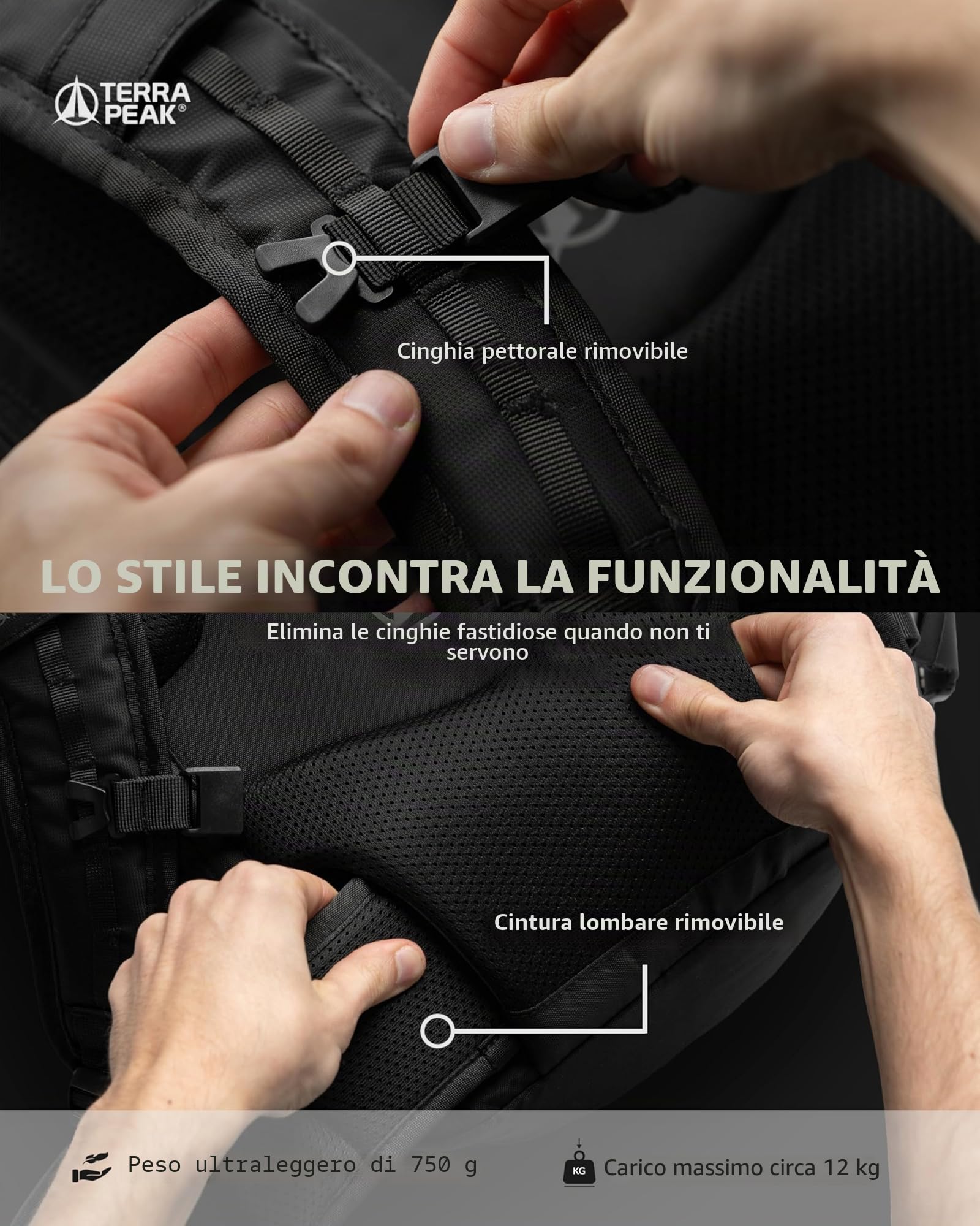 Terra Peak® Zaino Rolltop 20-25 litri (46x26x17cm) donna e uomo (HELIN) nero - Zaino da viaggio (per il bagaglio a mano) e giorno con scomparto per laptop (15 pollici) - Daypack e Backpack ergonomico