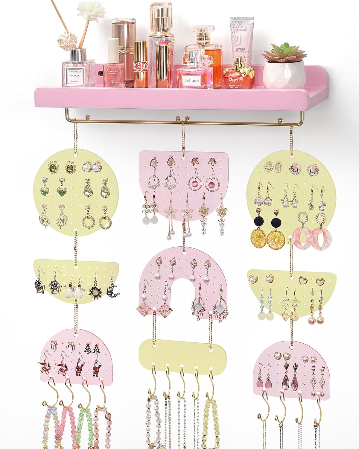 Keebofly Wall Mounted Jewelry Organizer, Hanging Earring Holder with Wood Shelf & Necklace Hooks, Acrylic Pegboard Earring Display Rack for 100+ Pairs Studs, Hoops & Dangles, Decorative Storage, Pink
