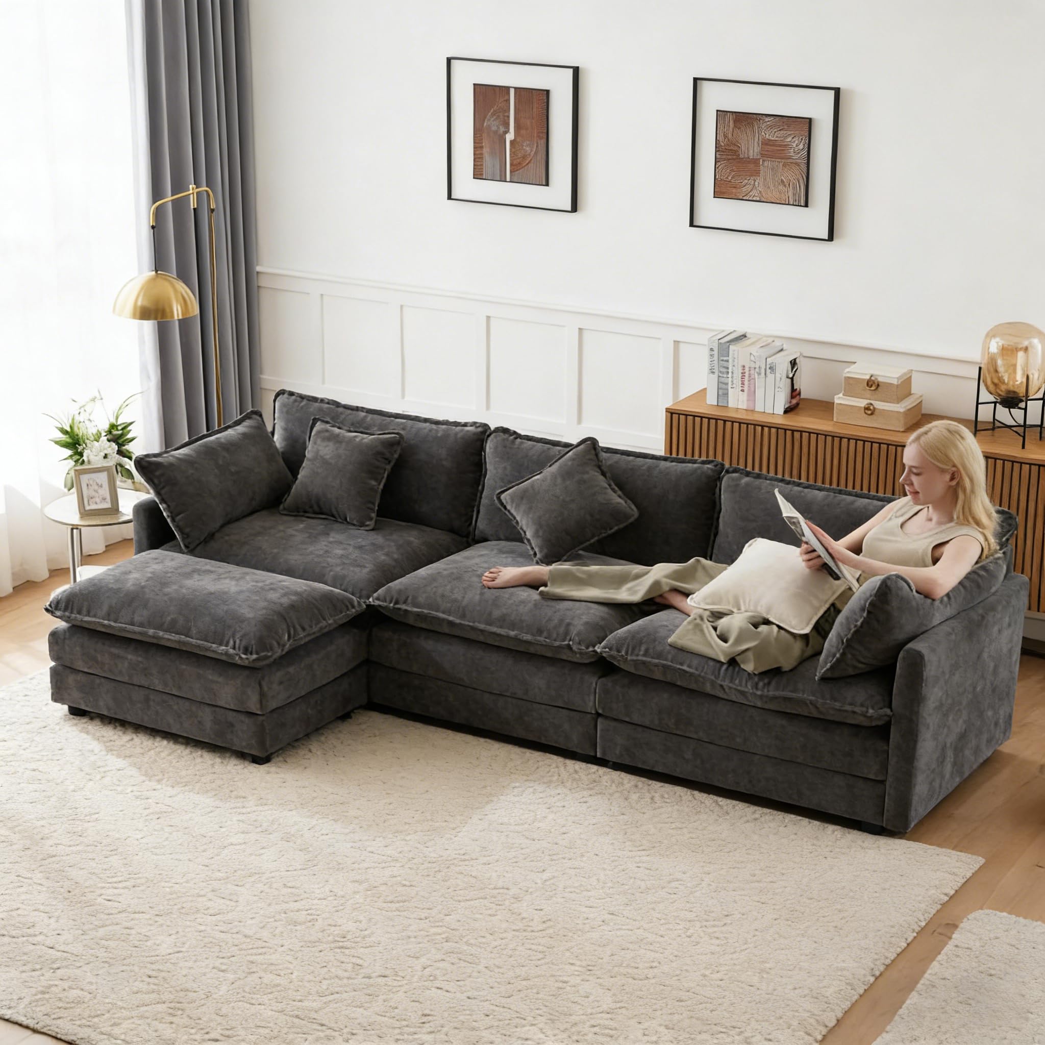 DHHU Canapé d'angle modulable surdimensionné de 283 cm avec Pouf Amovible,surdimensionné canapés 4 Places en Chenille, Canape d Angle canapé Convertible en L, canapé Nuage pour Salon, Gris