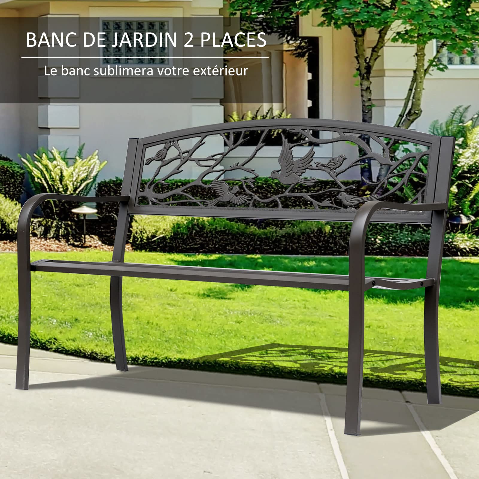 Outsunny Banc de Jardin 3 Places Banc extérieur Jardin Style Rural Chic pour Balcon terrasse Patio 127 x 60 x 85 cm métal époxy anticorrosion Brun