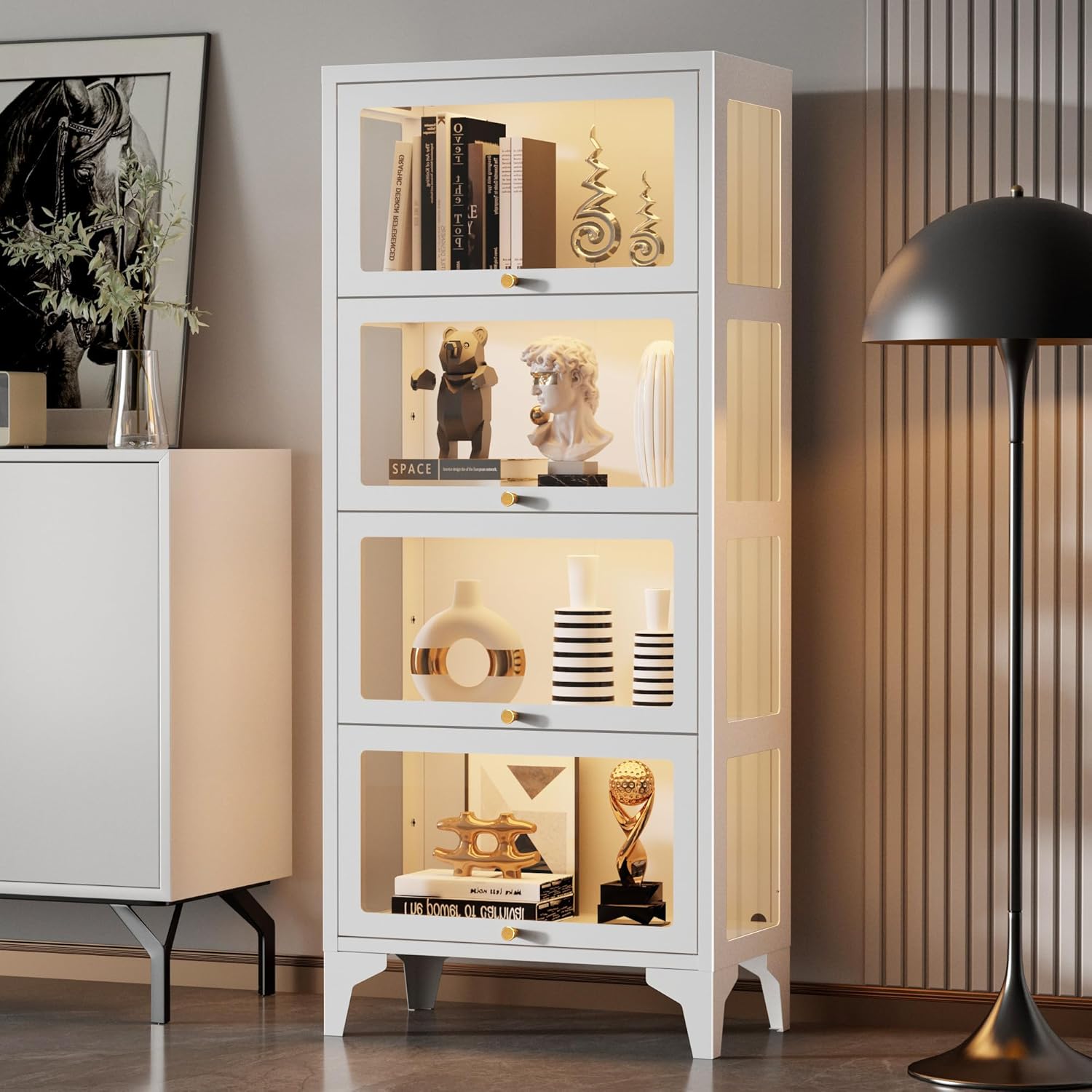Lucky Monet 4 Tier Curio Display Cabinet with 13-Color LED Lights & Flip-Up Glass Doors, 3-Side Glass Lighted Display Case for Collectibles, Figures, Books, 55" Metal Storage Cabinet, White