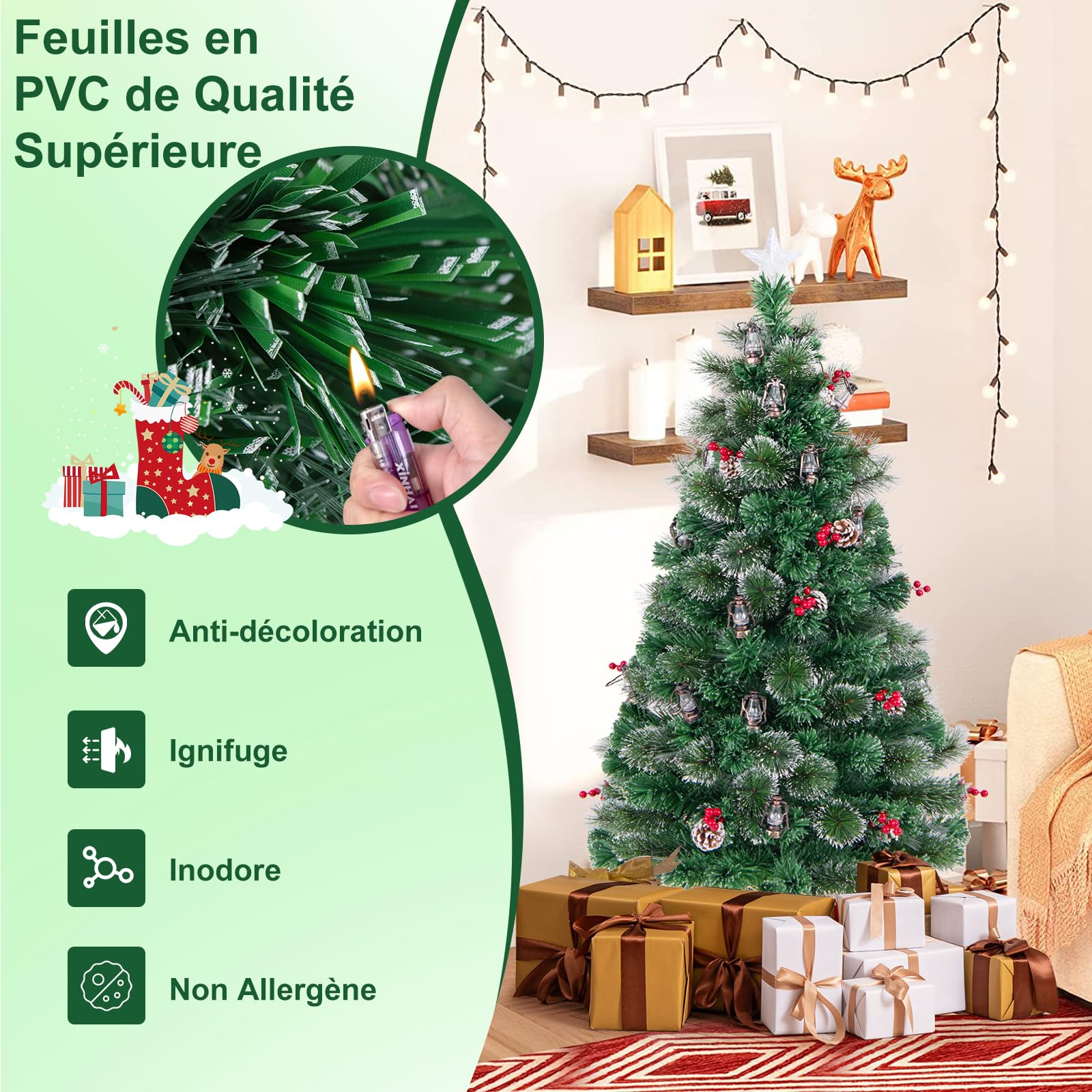 GYMAX Sapin de Noël Articiciel 150cm Lumineux, 49 Lumières LED, 8 Modes d'Éclairage, 2 Sections, Pommes de Pin Naturels et Baies Rouges,