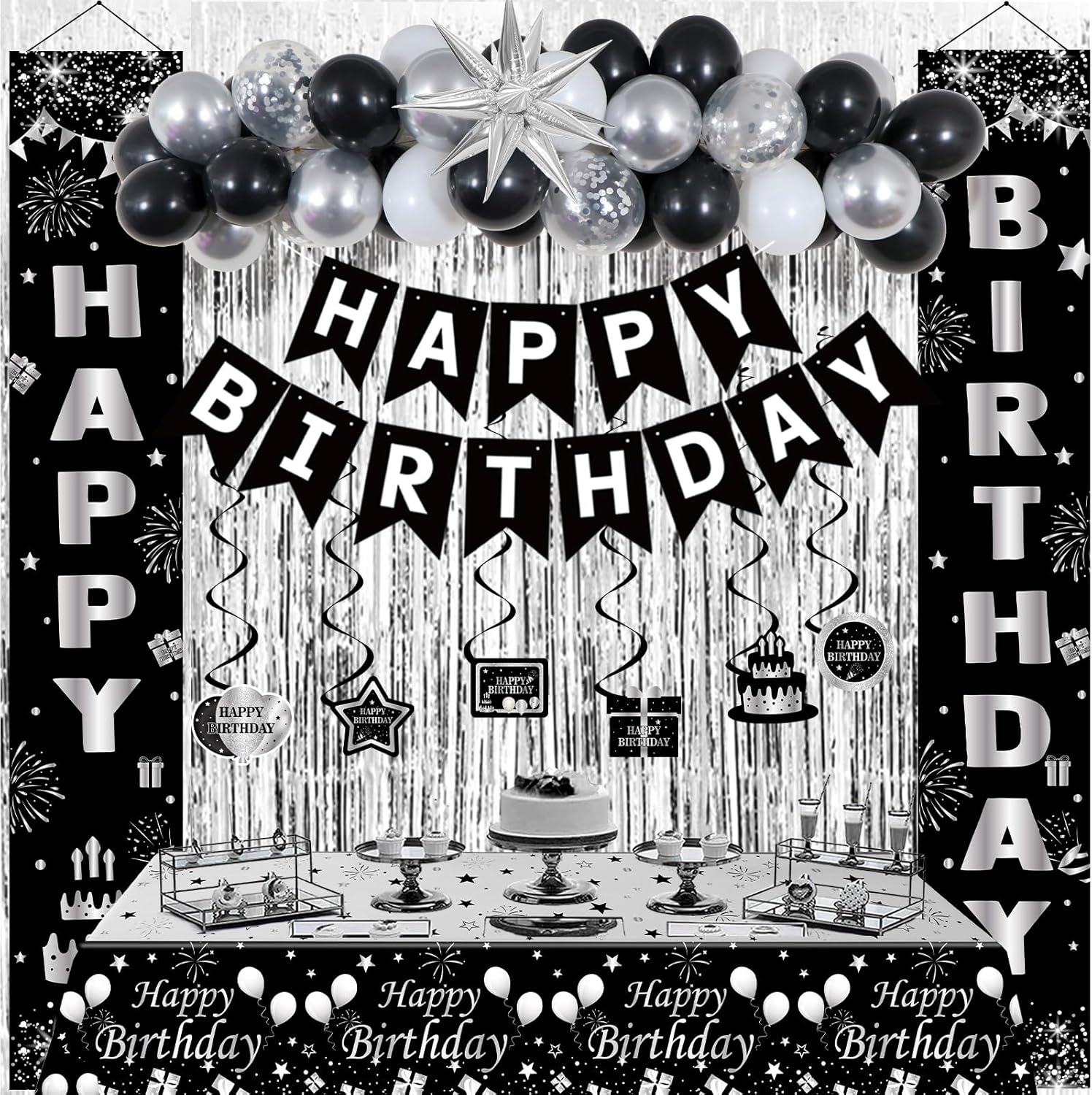 Black and Silver Birthday Decorations for Men Women Boys Girls, Happy Birthday Decorations Black and White, Happy Birthday Banner Balloons Tablecover Fringe Curtain Door Banner, Birthday Party Decor