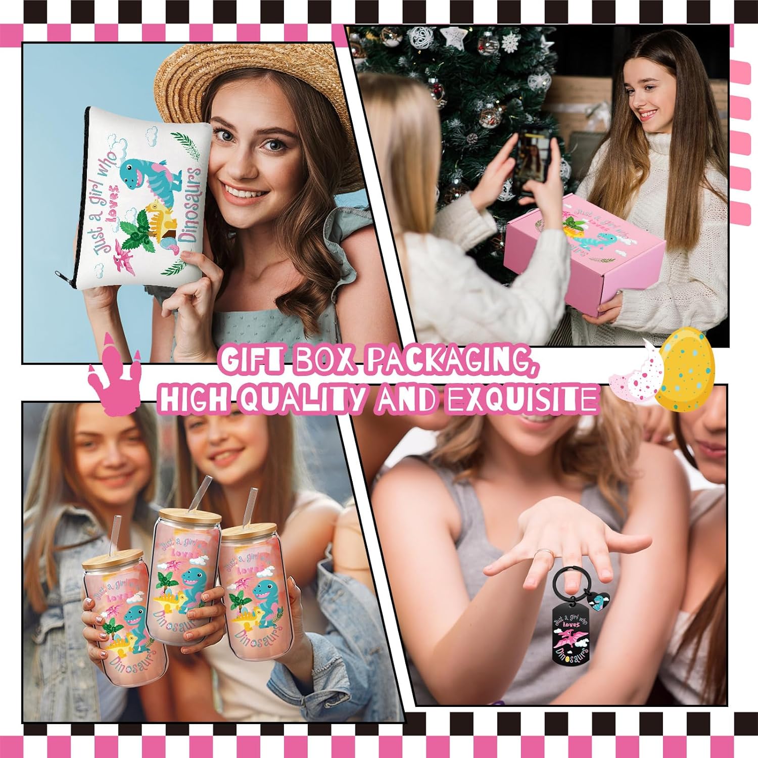 12 Pcs Funny Valentine's Dinosaur Girl Gifts for Women Appreciation Valentine Gift Basket Box Include Cup Makeup Bag Keychain Bracelet Hairband Socks Card for Birthday Baby Shower Party - Image 5