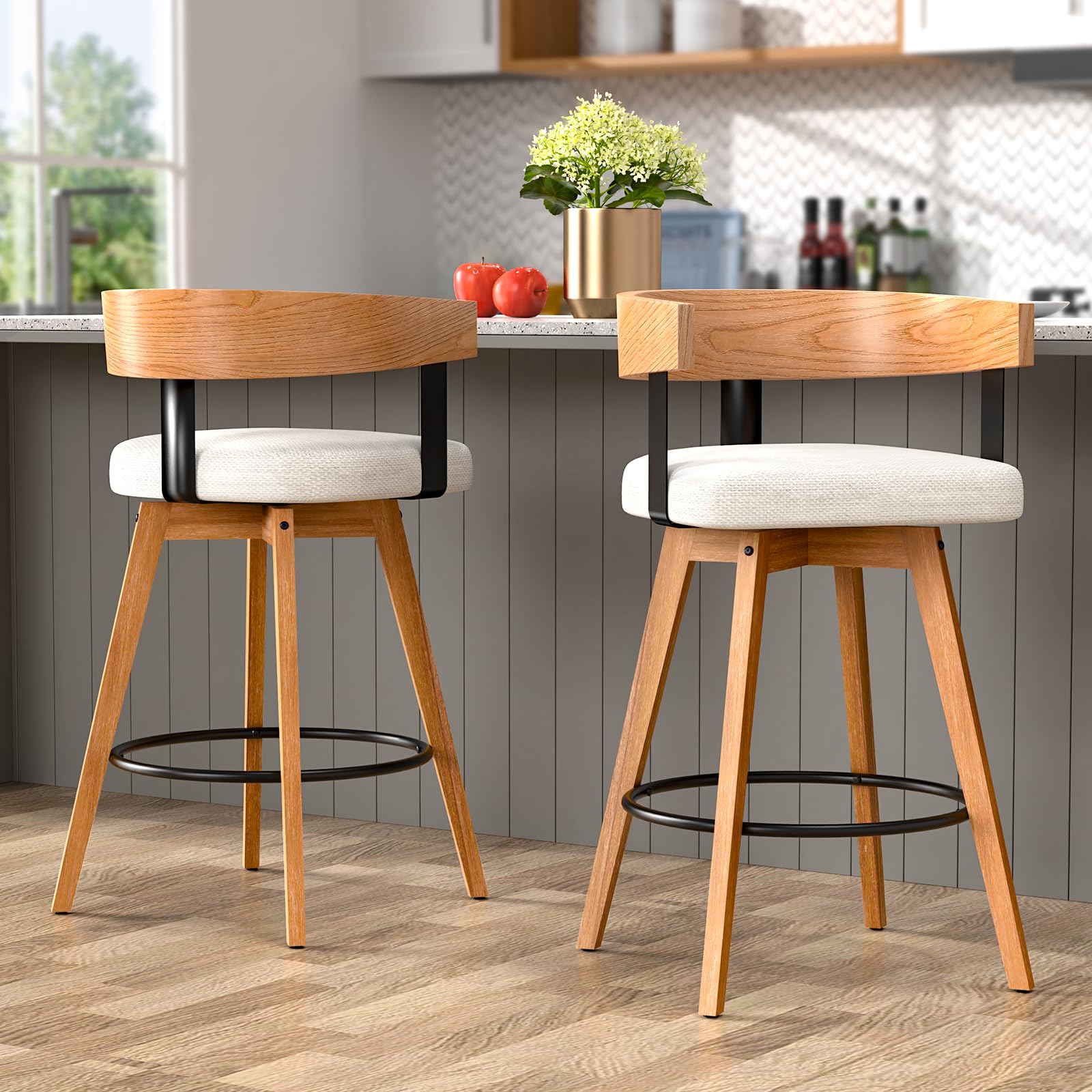 Madaha Modern Wooden Bar Stools Set of 2, Counter Height Swivel Bar Stools for Kitchen Island, Upholstered Bar Height Stools with Integrated
