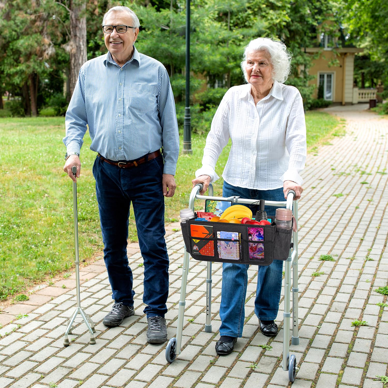 Bolsa grande para andador con 2 portavasos, cesta para caminar, bolsa de marco para caminar, accesorio plegable para andador, cesta de almacenamiento manos libres, bolsa de accesorios para ayuda de