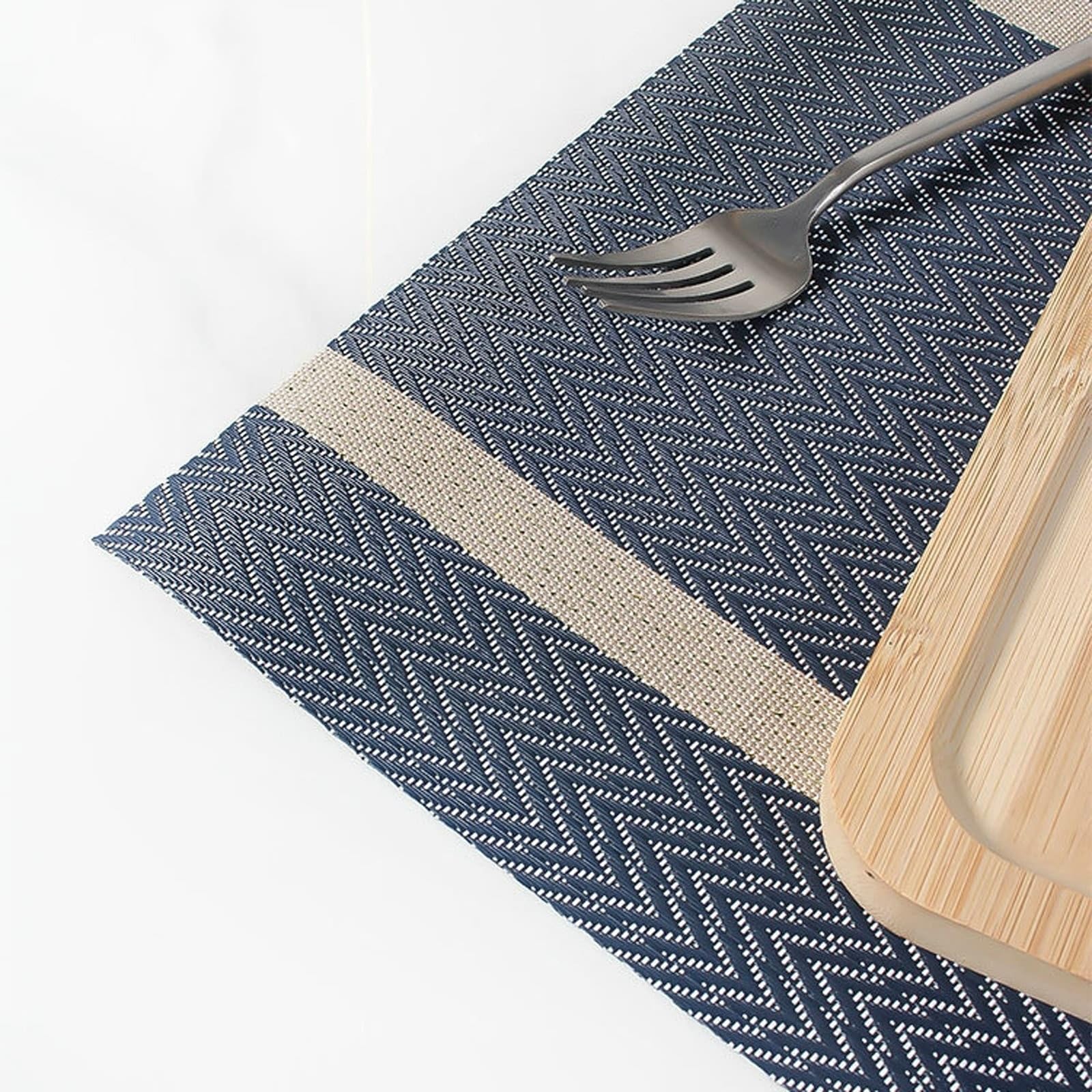 Placemat Juego de 10, mantel individual azul marino y oro azul rectangular con rayas 30 x 45 cm para cocina y comedor