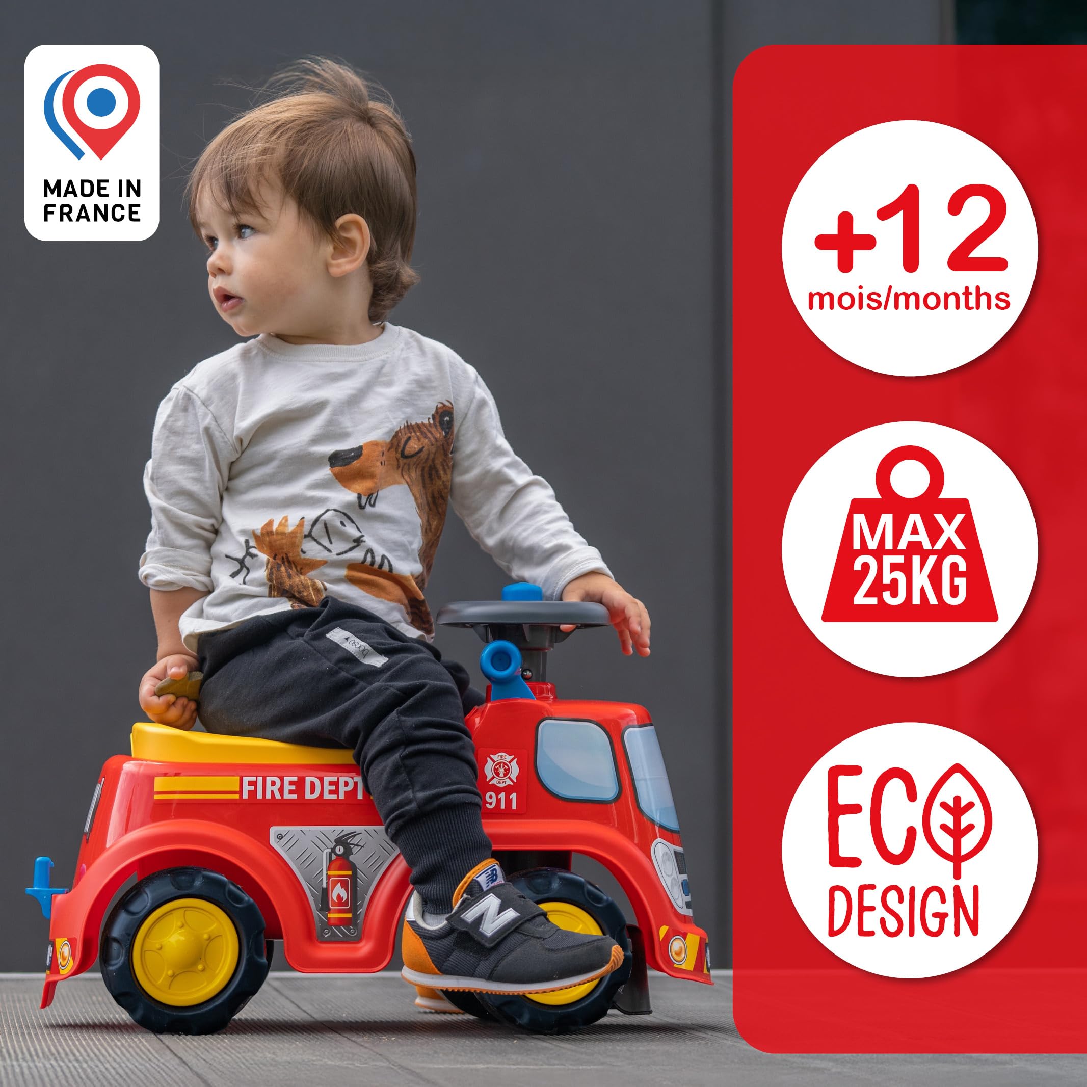 FALK Camión de Bomberos Porteur-A Partir de 12 Meses-Fabricado en Francia-Volante direccional con bocina-Palanca con Efecto sonoro-Caja de Almacenamiento-Matrícula personalizable-700, 700