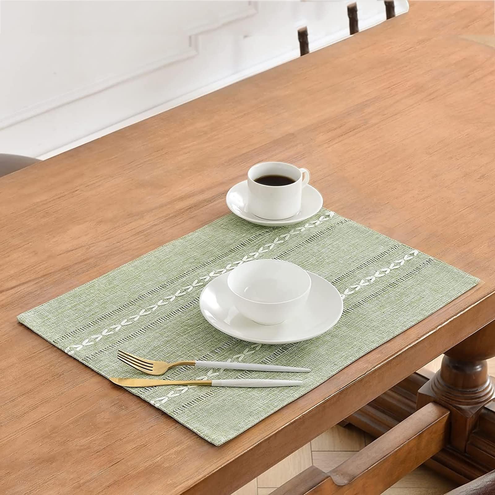 Tovaglietta Colazione Set di 8, 30 x 50 CM Tovaglietta Rettangolare Americana Cotone Lino Verde, Rettangolo
