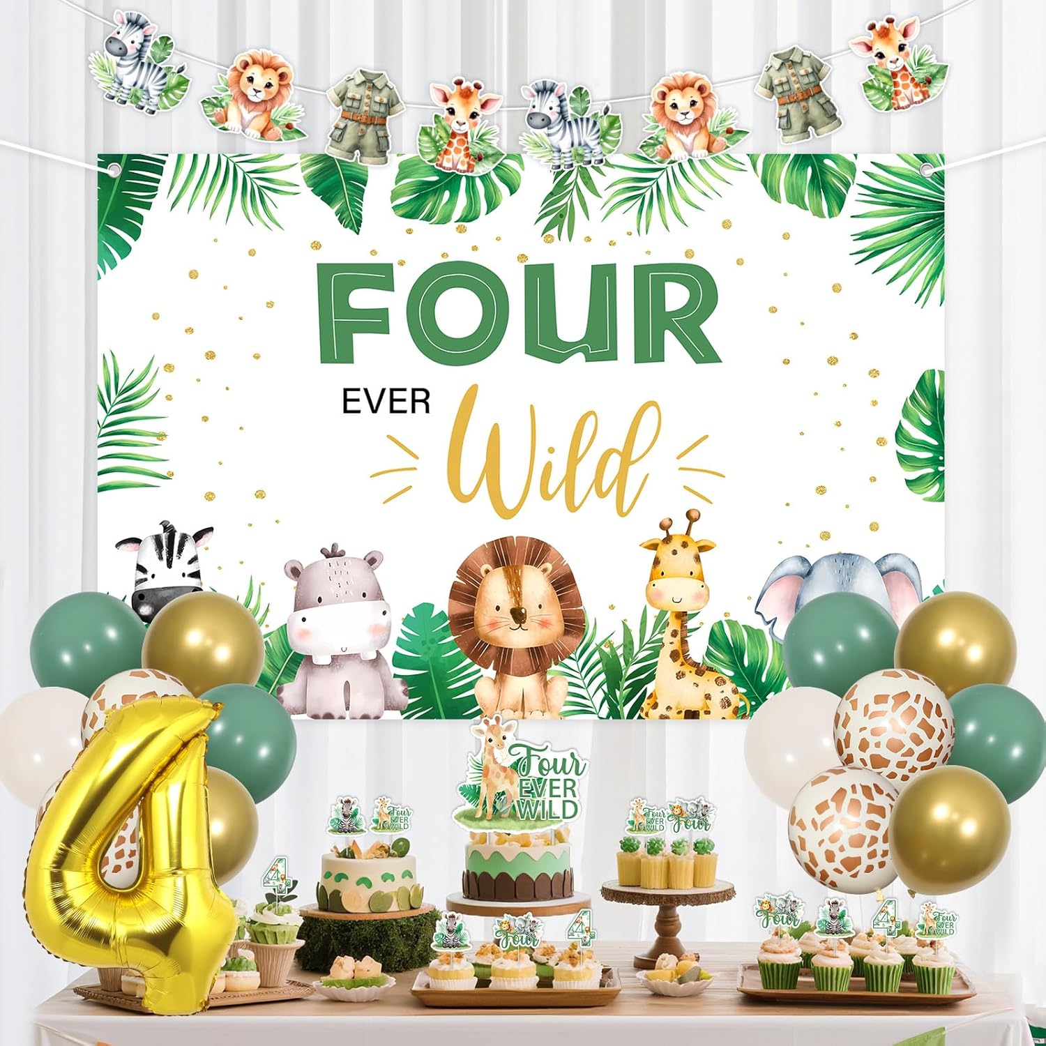 Jungle Safari Theme 4th Birthday Party Decoration, Four Ever Wild Birthday Decoration Backdrop Garland Cupcake Cake Topper Foil Latex Balloon for Forest Animal 4 Years old Party Girl Boy