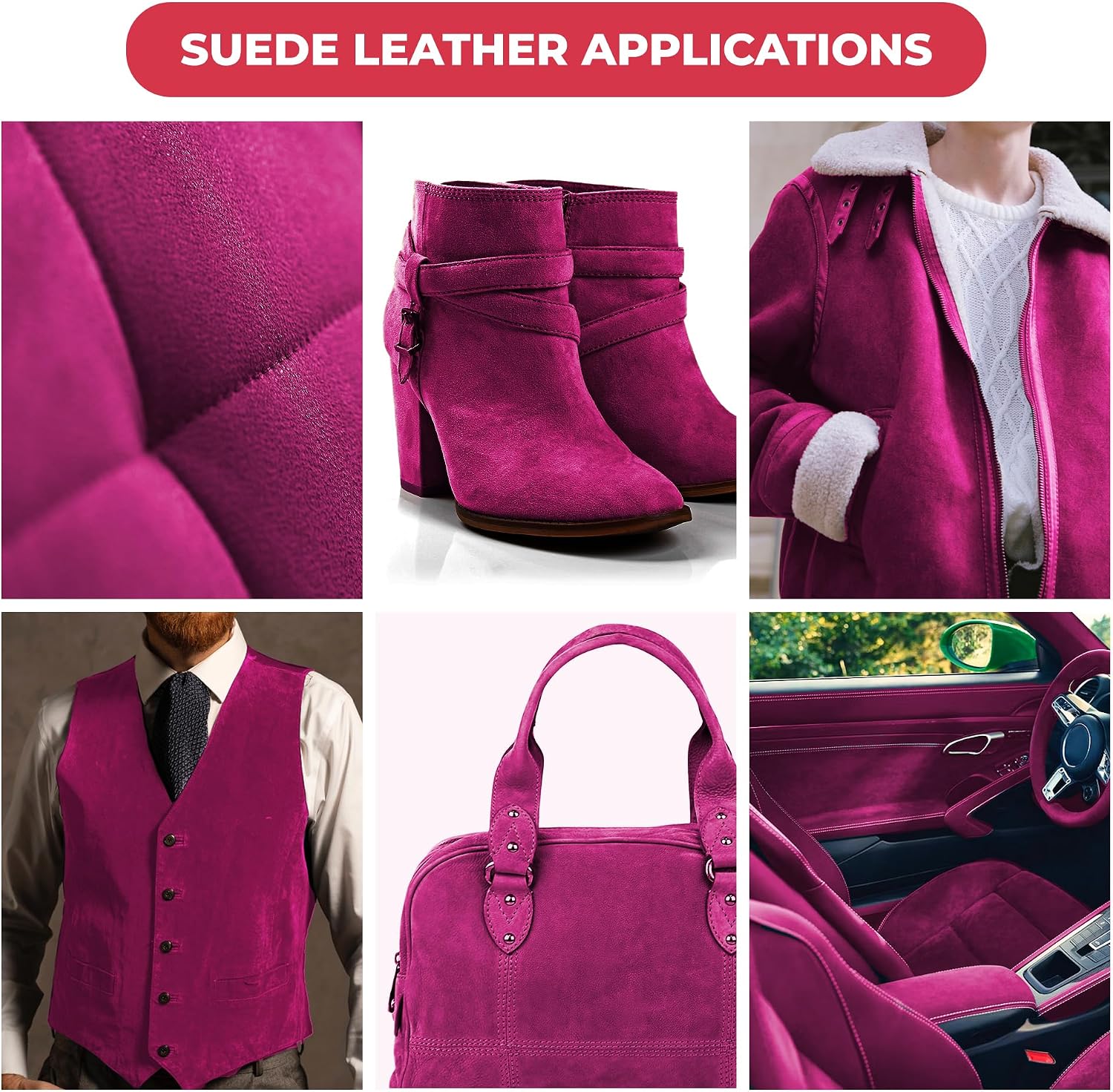 ELW Premium Suede Cowhide 2-4 oz (1-1.6mm) - Soft Full Grain Pre-Cut Side Leather - (1-3 SQ FT,Fuschia) - USA Made Silky Buffed Suede Fabric Leather for Car Upholstery, Crafts, Garments, Furniture