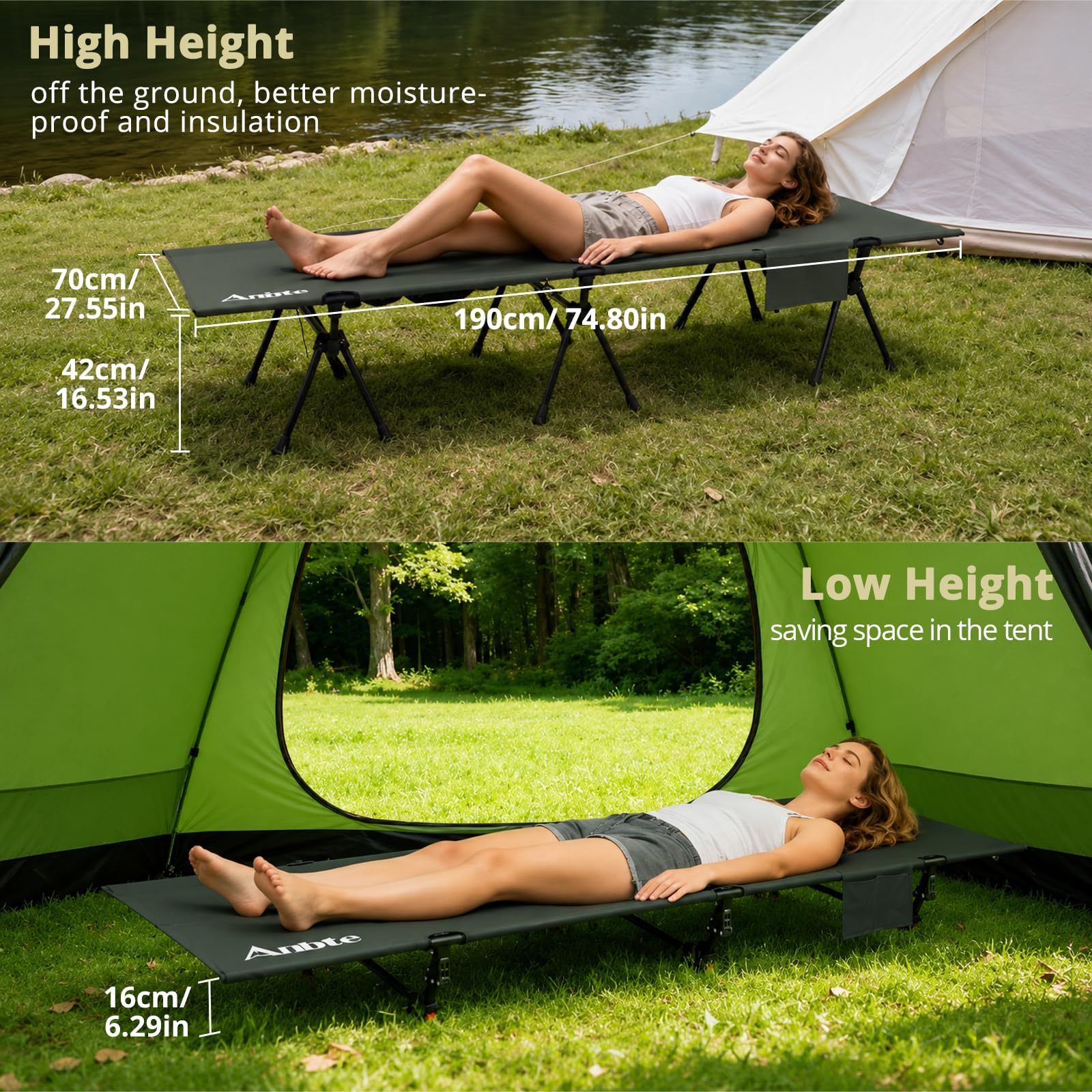 Anbte Campingbett Höhenverstellbar 190x70x[16/42] cm Feldbett bis 180kg Tragfähigkeit mit Tragetasche Bequemes Kinderbett Ultraleicht Klappbett für Reisen Strand Garten Büro (Grün)
