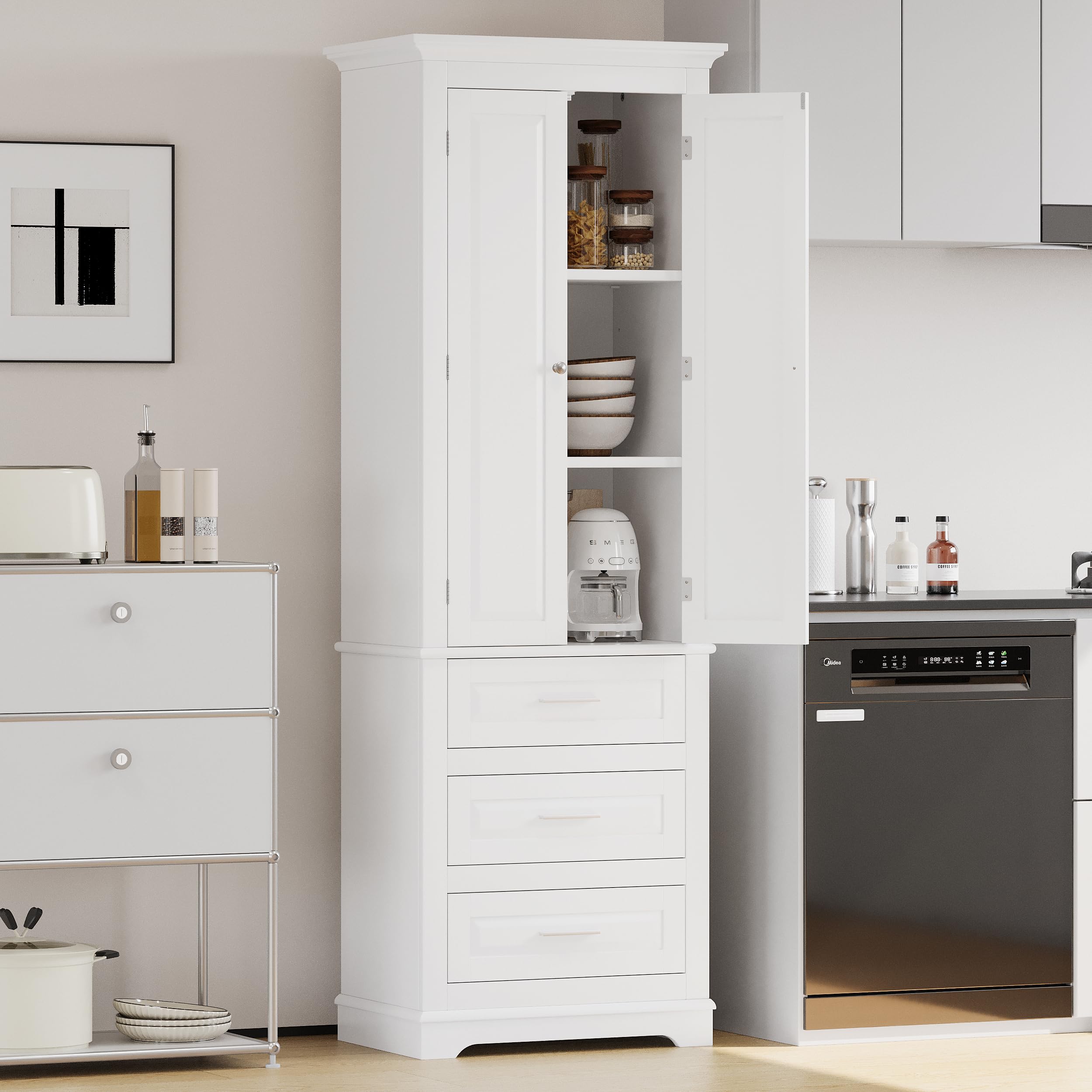 Storage Cabinet with Doors and Adjustable Shelves for Bathroom, Utility Room or Laundry Room, Pantry Cupboard Cabinet for Kitchen, White