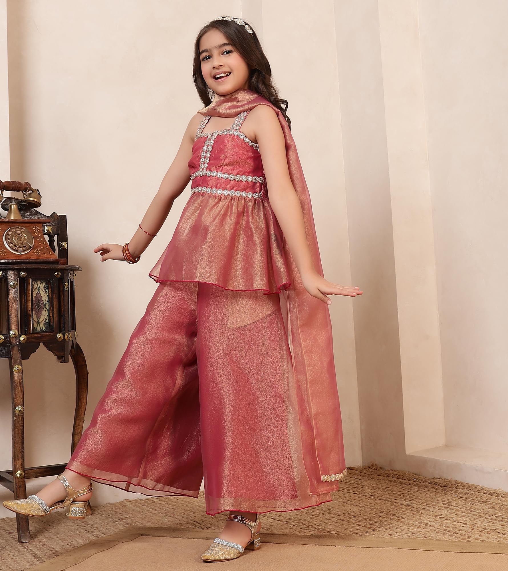 Bugandbees Shimmer Solid Tissue Top & Palazzos With Dupatta|Sweetheart Neck Fusion Wear Fit & Flare Co-Ord Set for 3 Years to 13 Years Kids|Festive Casual Wear Collection (BBCO00000363_3-4Y_Peach) 2