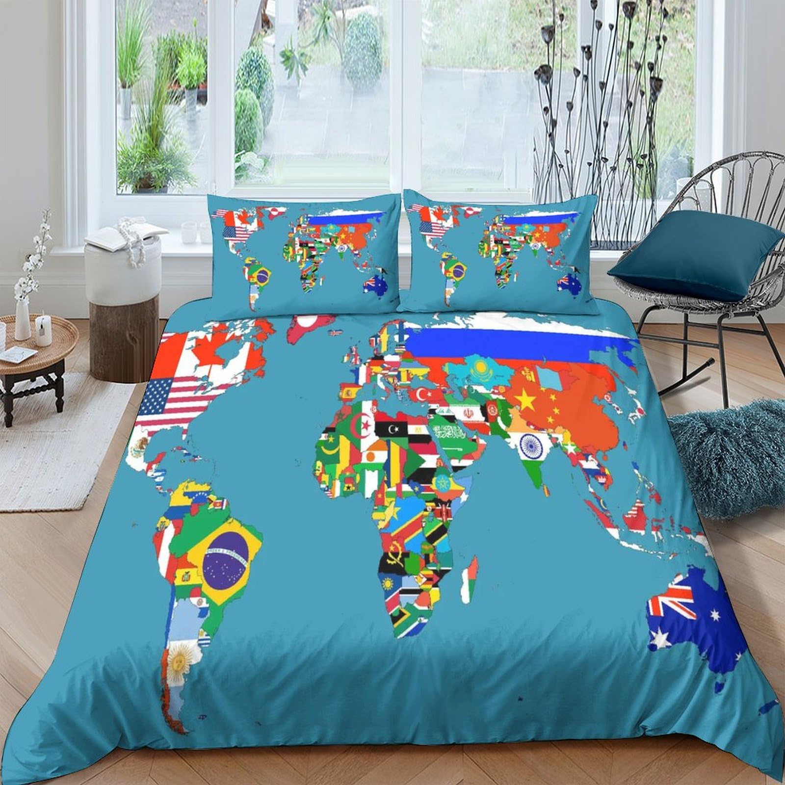 AAHARYA World Map Duvet Cover National Flags Bedding Set Soft Microfibe Quilt Cover,Hidden Zipper,Gift,with Pillowcase Double（200x200cm）