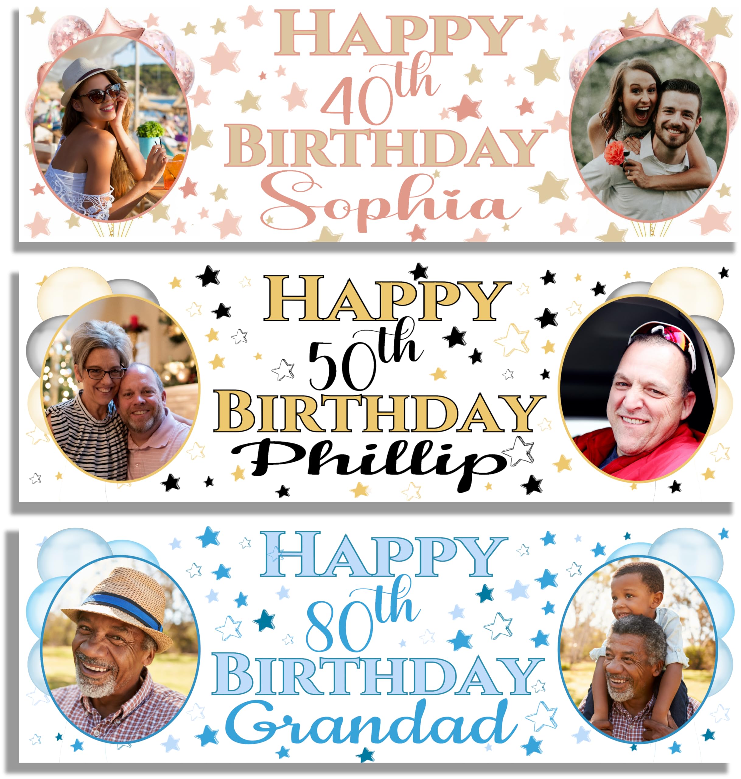 1 x 6FT Large Banner Happy Birthday Personalised Photo Birthday Banners 10th 11th 12th 13th 21st 50th 60th 40th 16th 70th 30th 80th 18th Girls Birthday Decorations Her for him Black Gold Men or Women