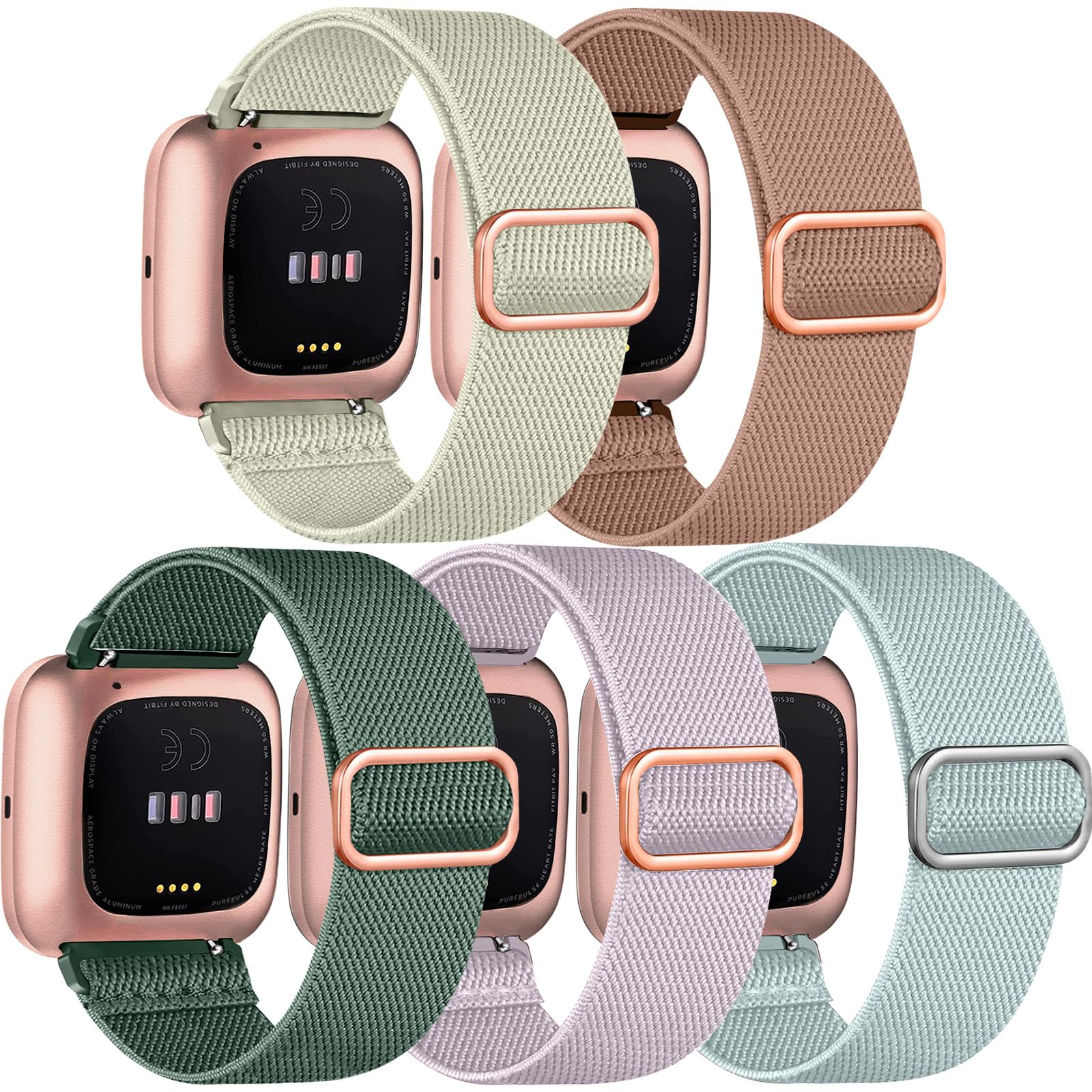 chinbersky 5 Pack Strap Compatible with Fitbit Versa 2 Straps/Fitbit Versa Strap for Women and Men, Soft Adjustable Stretch Nylon Sport Replacement Band for Fitbit Versa 2/Versa/Versa Lite/SE