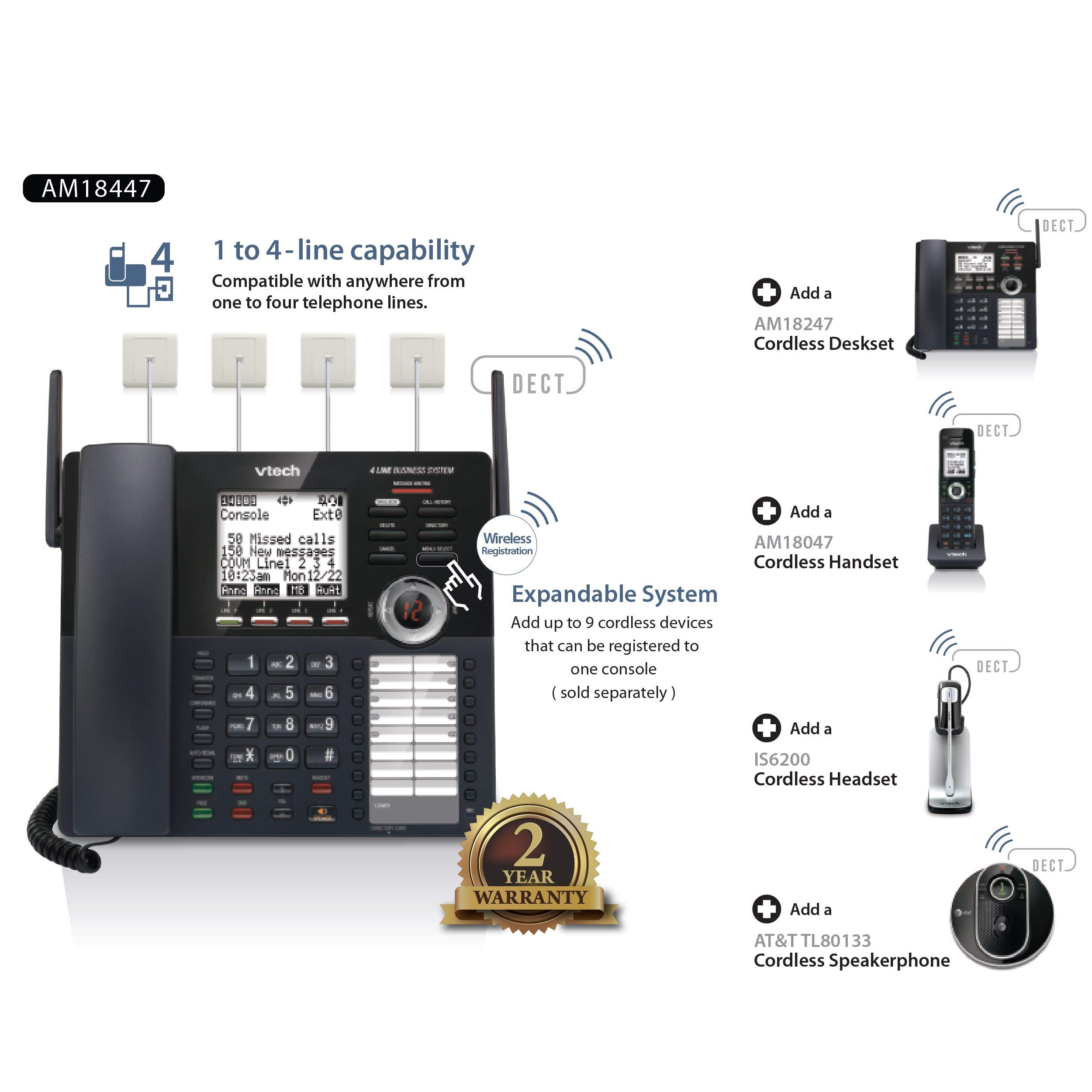 VTech AM18447 Main Console 4-Line Expandable Small Business Office Phone System with Answering Machine, Intercom, Auto Attendant & Music on Hold (Renewed)