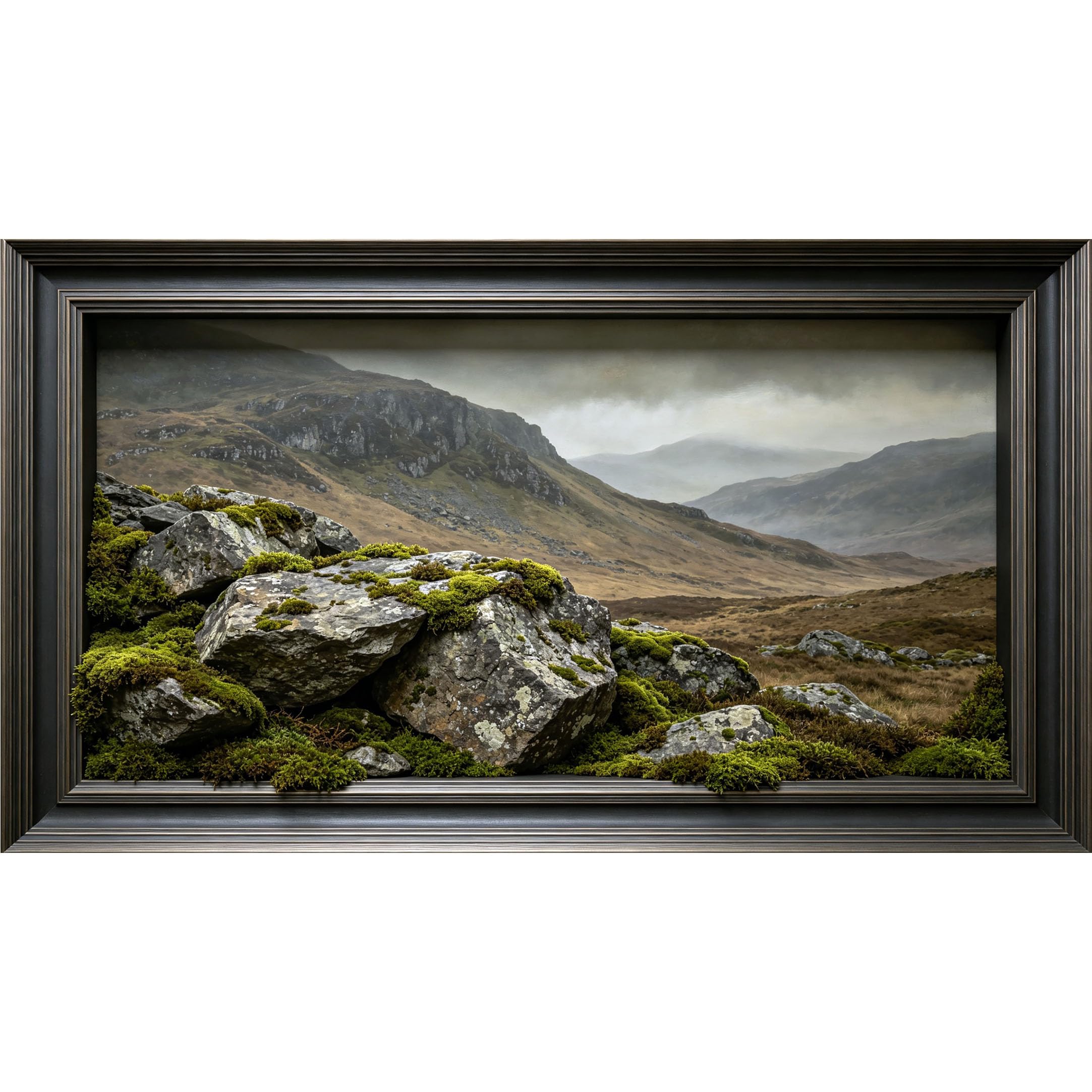 QZLITHOTIC 50×90cm3D Framed Wall Art， Highland Mountain Landscape Mossy Stone Scenic Mural， WaterActivated Peel & Stick Fabric Decor Wall Decal for Bedroom Living Room