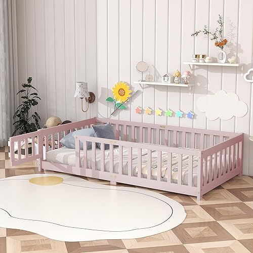 Miniatura 55 de Harper & Bright Designs Cama de suelo tamaño Queen con valla y puerta, marco de cama Montessori de madera para niños, niñas, listones incluidos, no