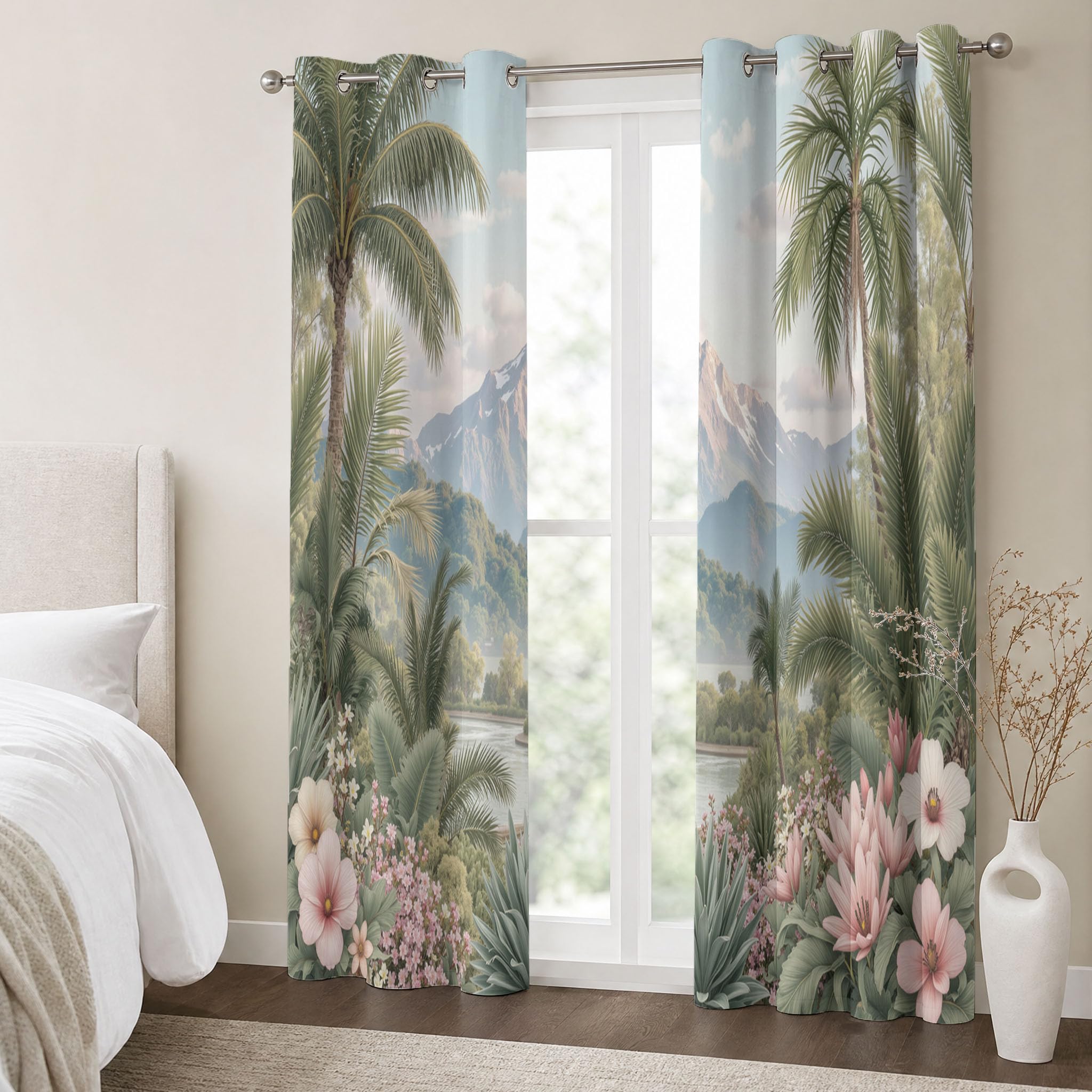 Dschungelpflanzen Verdunkelungsvorhänge Mit Ösen, Aquarell-Palme Vorhänge Blickdicht - H140 x B90 cm (2er Pack) Schlafzimmer Vorhänge Für Wohnzimmer, Salbeigrün