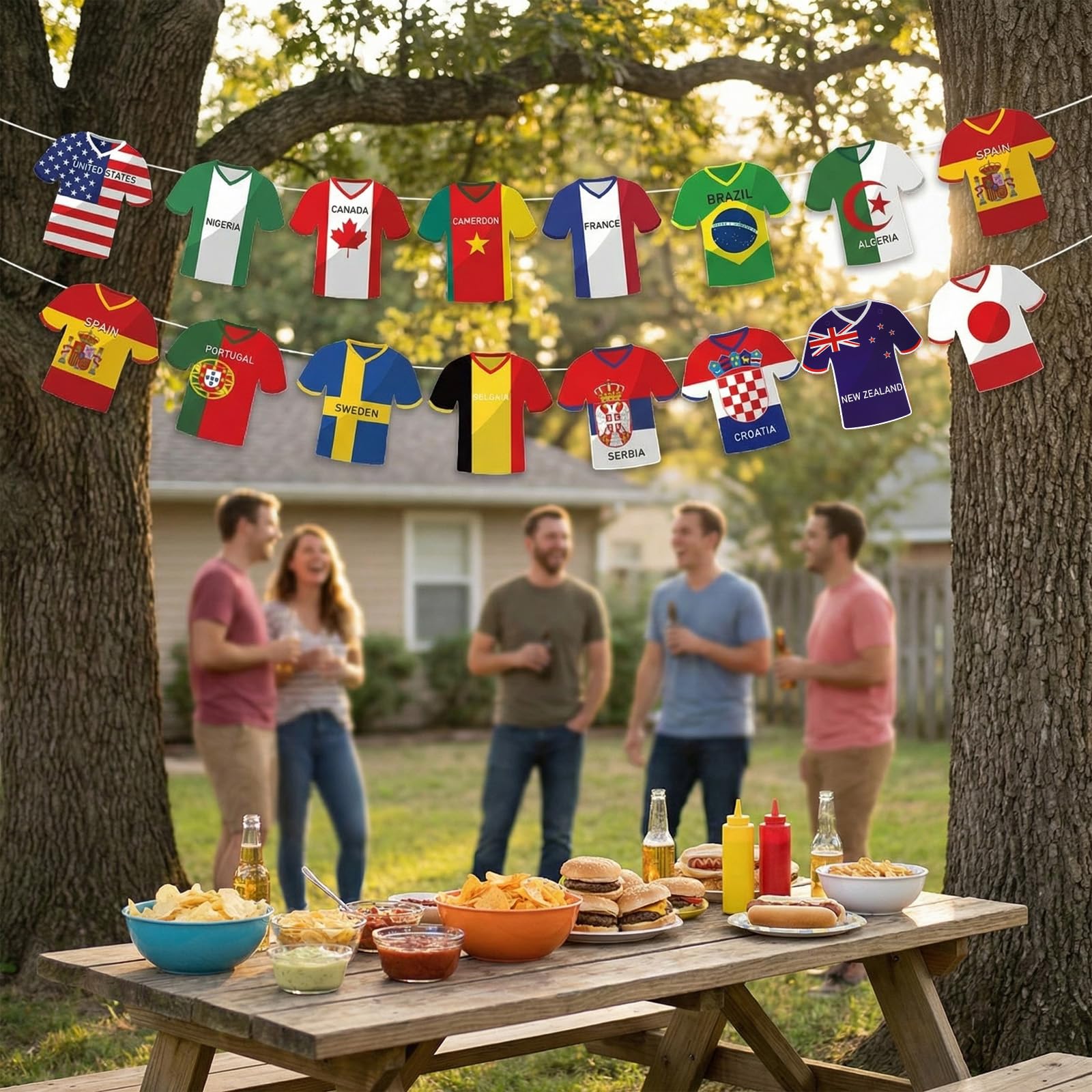 Decorazioni per i Mondiali 2026, bandierine in stile maglia, ghirlande con le maglie di tutte le squadre per feste a tema calcio, vivaci gagliardetti internazionali per fan zone, bar, tailgate e fest