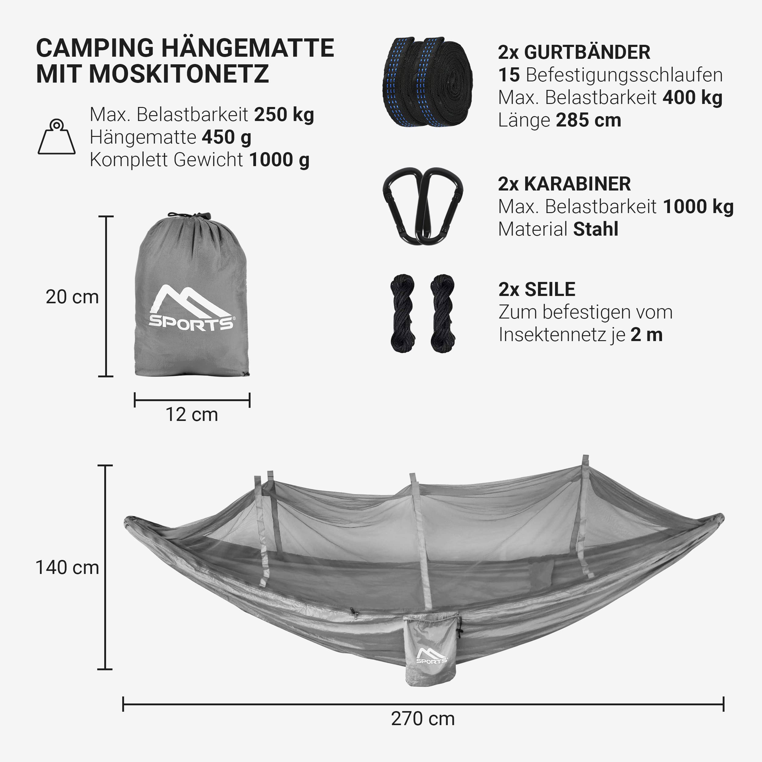 Ultralekki hamak kempingowy z moskitierą | udźwig 250 kg, oddychający (srebrno-szary)
