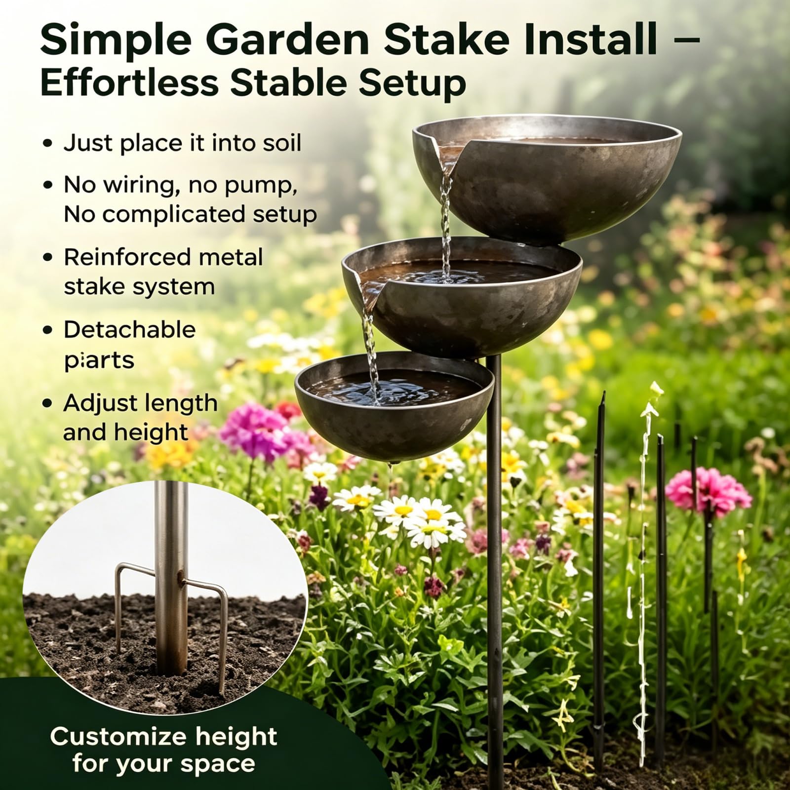 Bring Life Back To Your Garden – Rain Catcher Bird Bath,2026 Metal 3 Tier Birds Bath,Rain Catcher Garden Stake Birds Baths,Antique Bronze Outdoor Rainwater Collector for Birds Bees Hummingbirds，A：2PCS