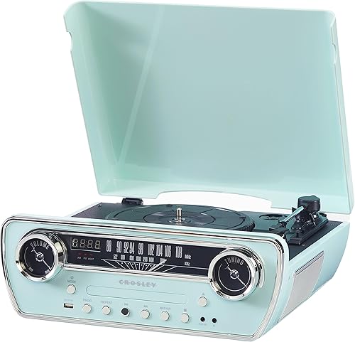 Miniatura 14 de Crosley CR6047A-AB Powel - Reproductor de discos de vinilo Bluetooth 7 en 1 con radio AMFM, reproductor de CD y entrada auxiliar, azul aguamarina