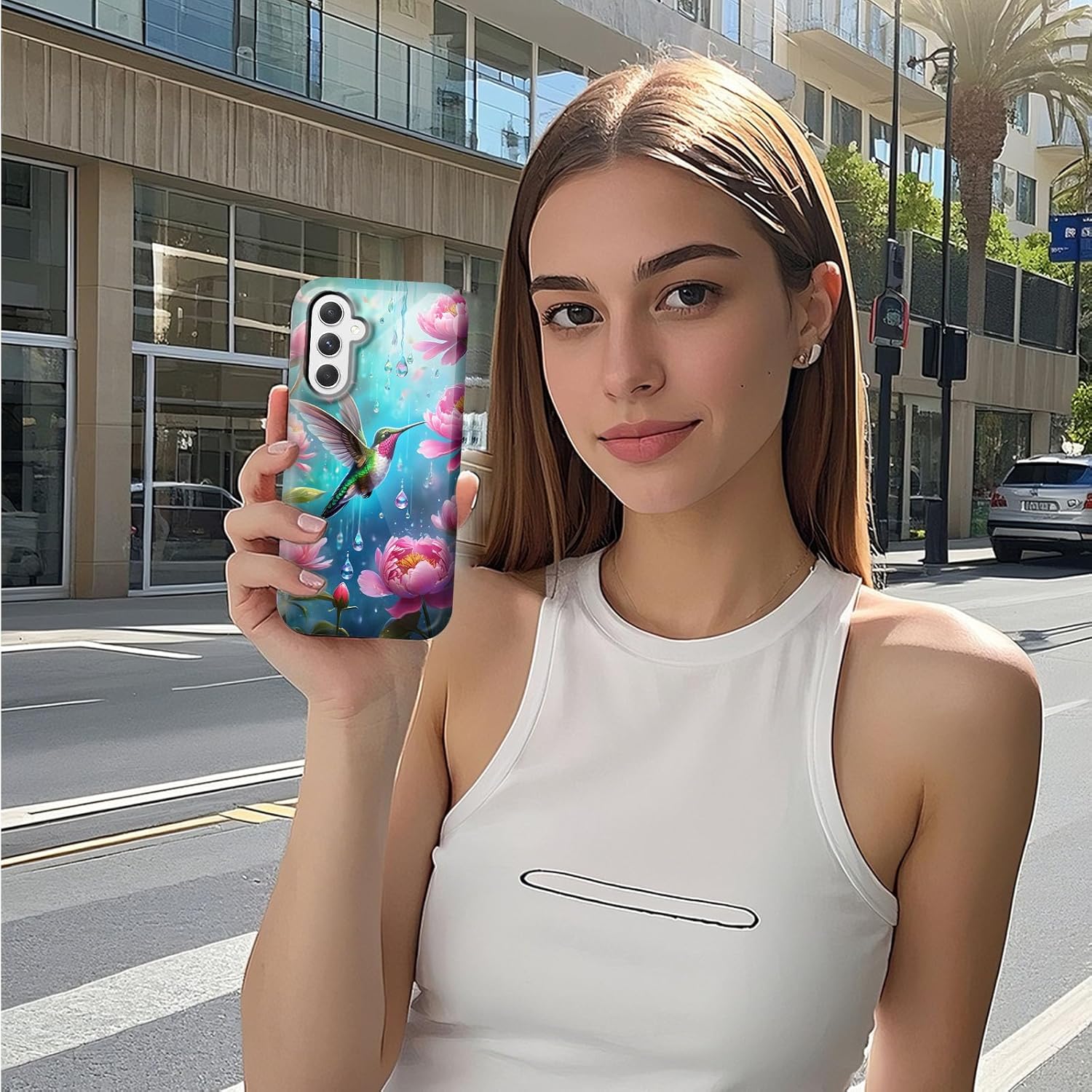 for Samsung Galaxy S24 Phone Case, Dual Layer Hard Shell Silicone Cover for Galaxy S24, Hummingbird Garden Glossy Shockproof Phone Case, Compatible with Wireless Charging