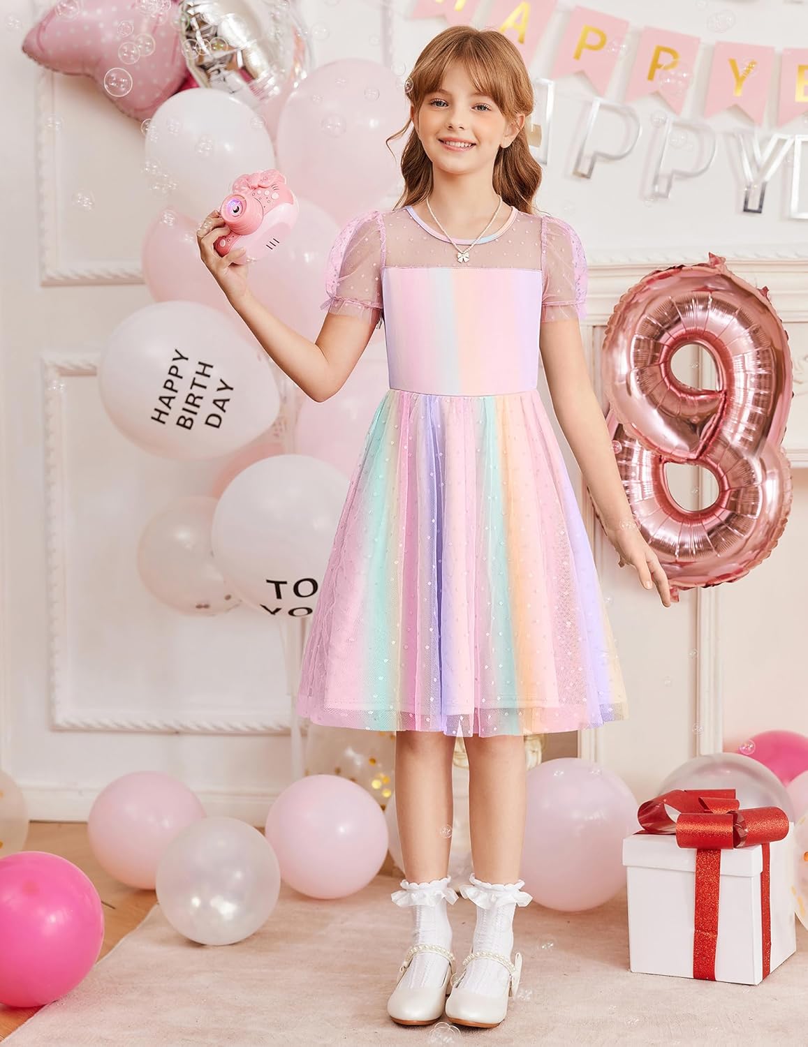 Arshiner Girls Dress Contrast Mesh Puffy Short Sleeve A Line Casual Party Dress 3-12 Years - Image 7