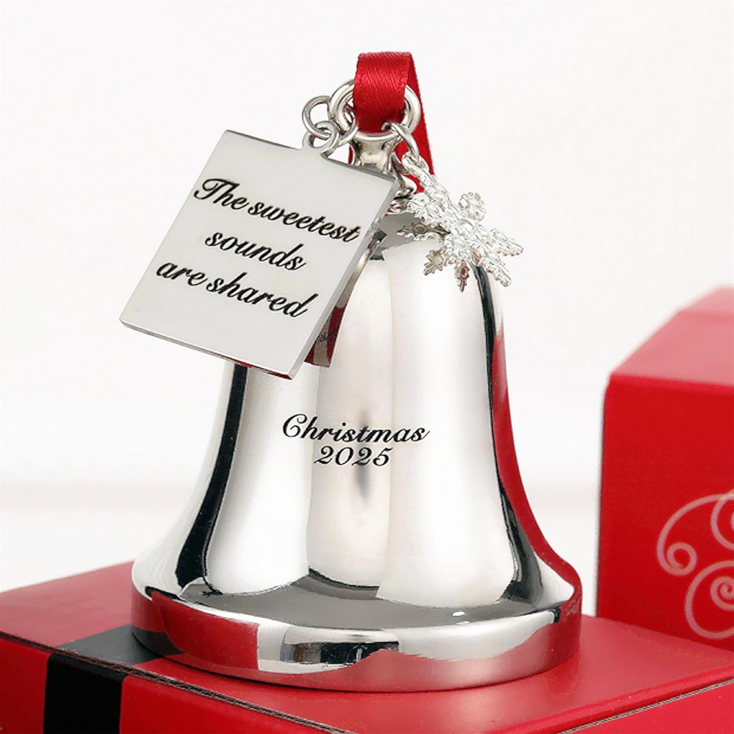 Christmas 2025 Bell Ornament with Snowflake Charm, Silver Metal Bell with Engraved The Sweetest Sounds are Shared, Red Ribbon (Silver) - Image 2