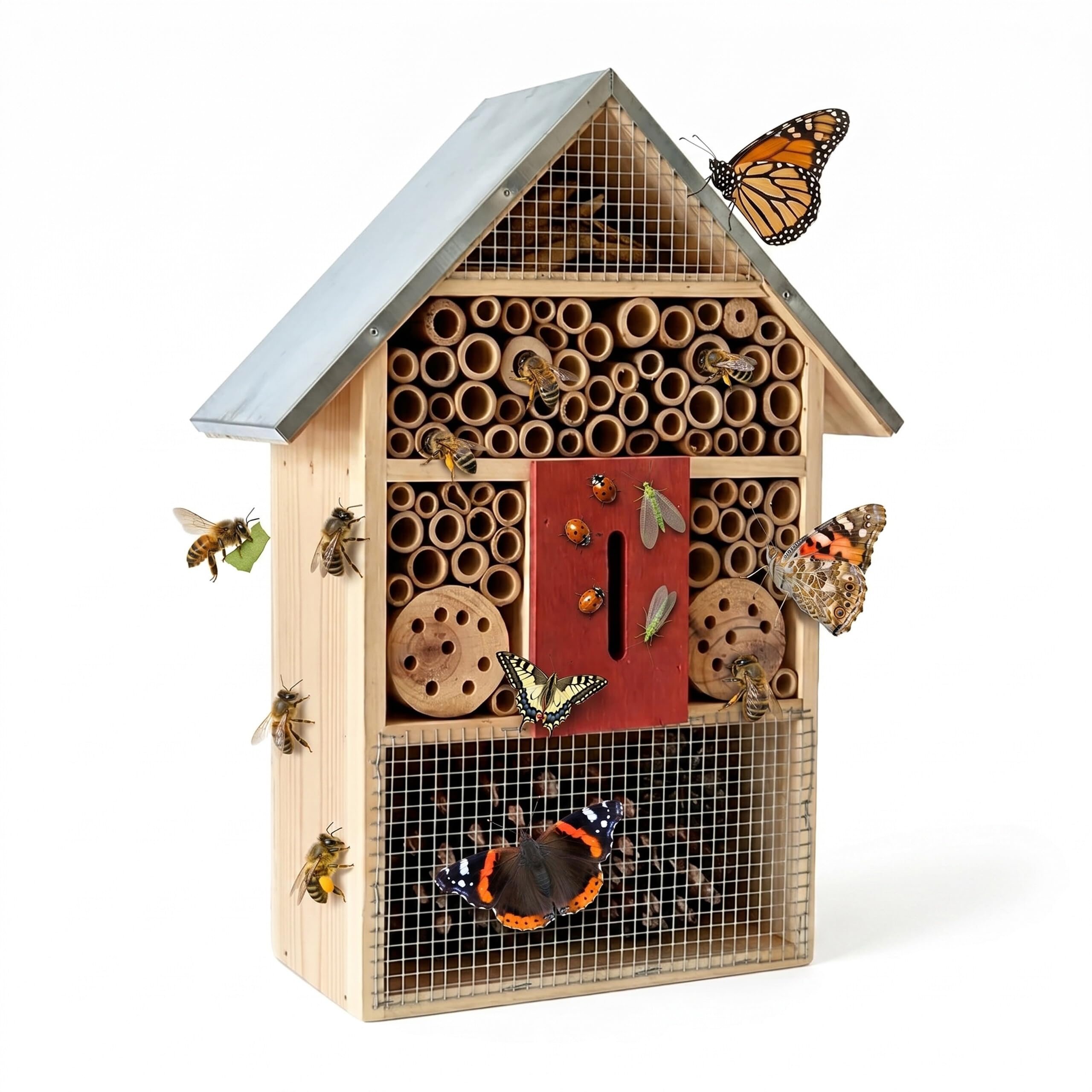 Relaxdays Casa per Insetti in Legno con Tetto zincato, da Appendere, Naturale e Argento, 40x30x8 cm