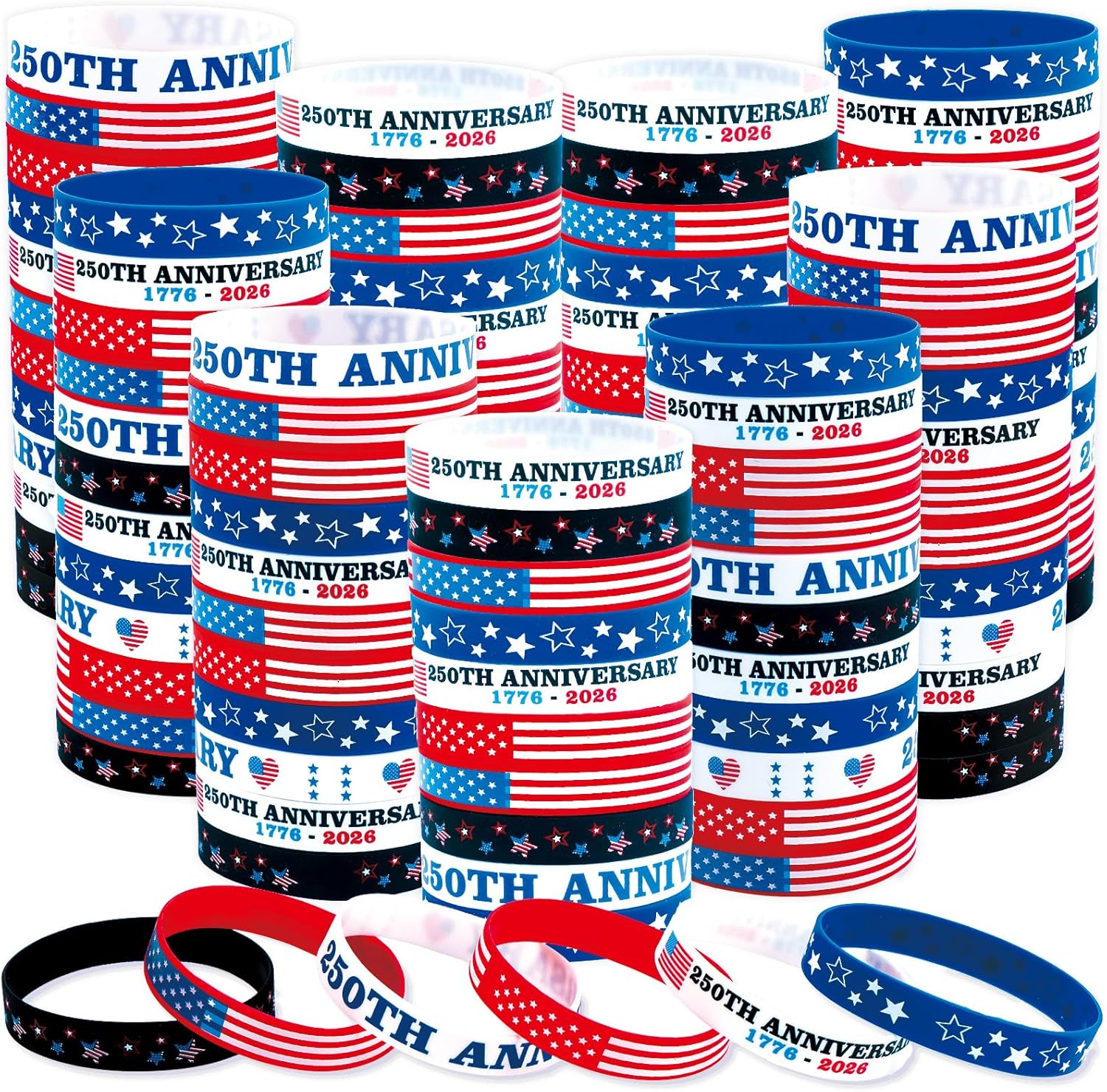 Moon Boat 100PCS 250th Anniversary Accessories Party Favors: 4th/Fourth of July Patriotic Silicone Rubber Bracelets Bulk Wristbands American Memorial Day Decorations Gifts Supplies