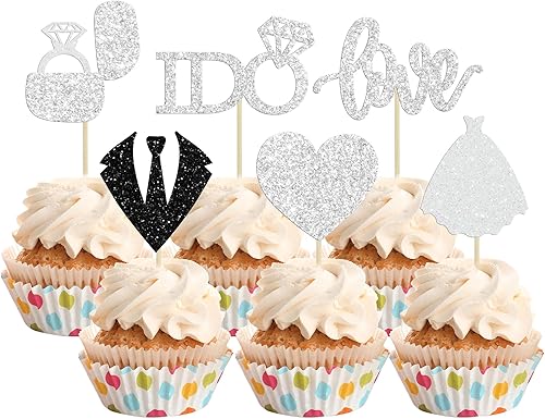 24 adornos para cupcakes de boda con texto en inglés Love I Do para decorar cupcakes, anillo de corazón, para decoración de tartas de novia, boda,