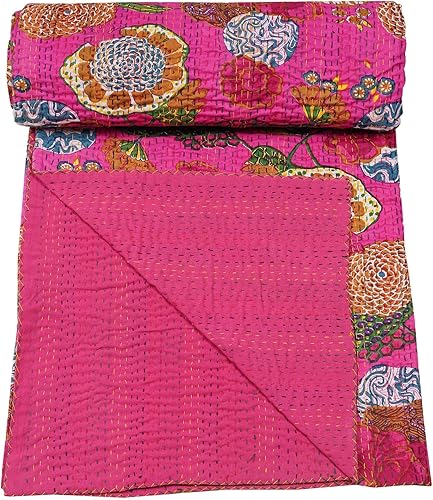 Vista 15 de Marubhumi Colcha Kantha reversible de algodón puro cosido a mano con estampado de frutas indias, edredón Kantha reversible (C verde, Queen