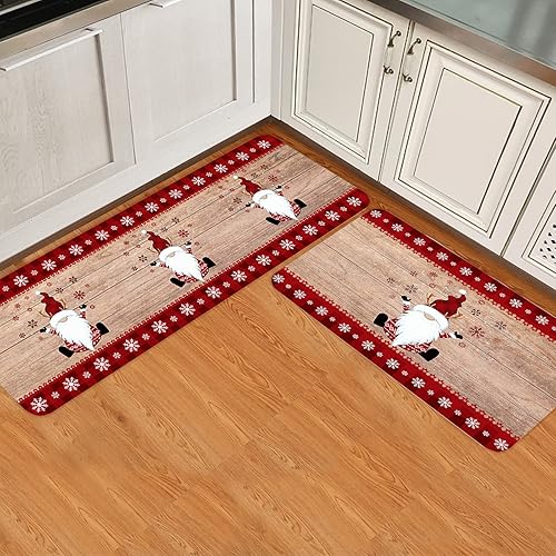 Juego de 2 alfombrillas de cocina de gnomo navideño, diseño de gnomo feliz, copos de nieve, alfombras y tapetes de cocina de grano rústico