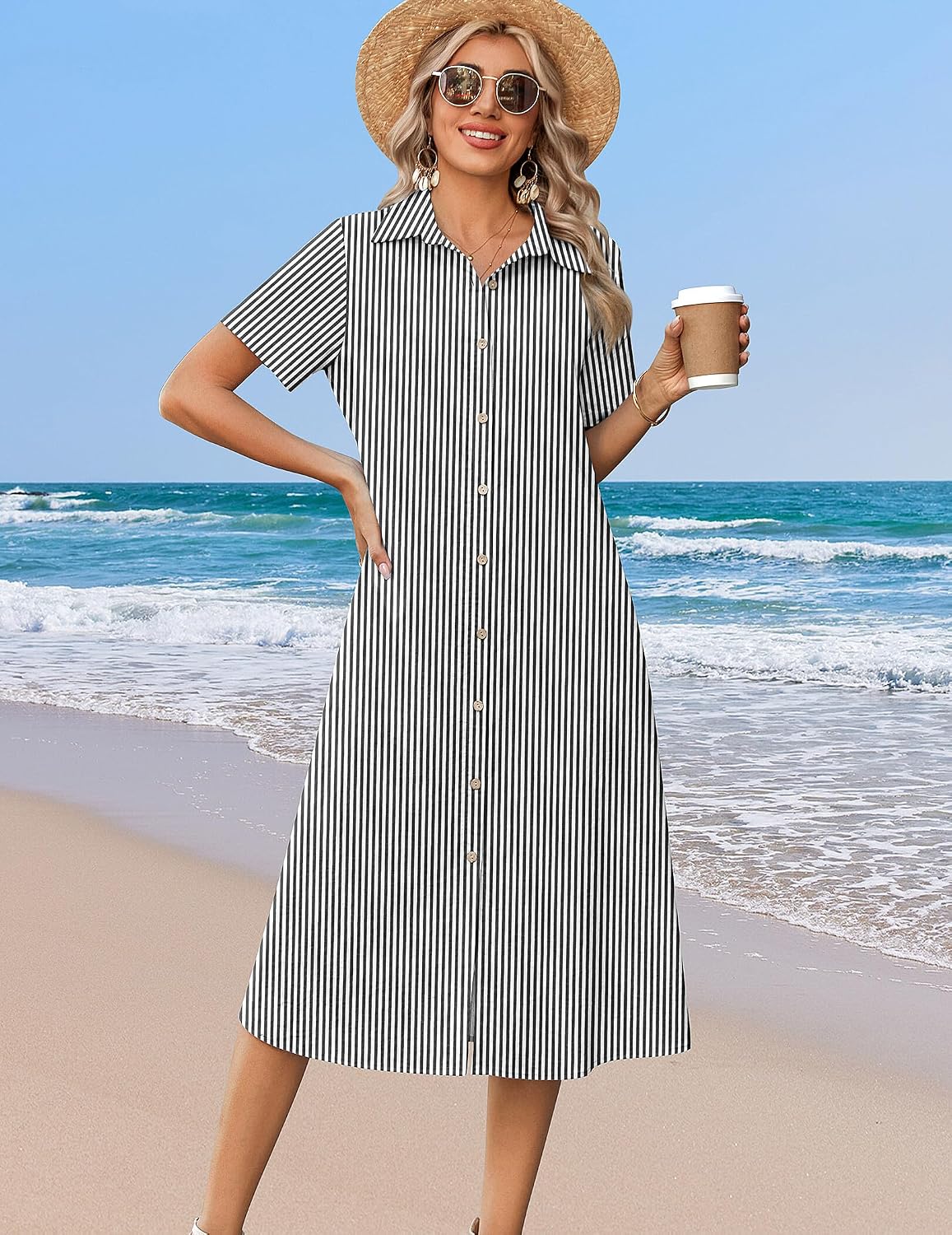 Zeagoo Summer Dresses for Women 2026 Button Down Shirt Dresses Aline Long Sundress Short Sleeve Beach Travel Cover Up image 3