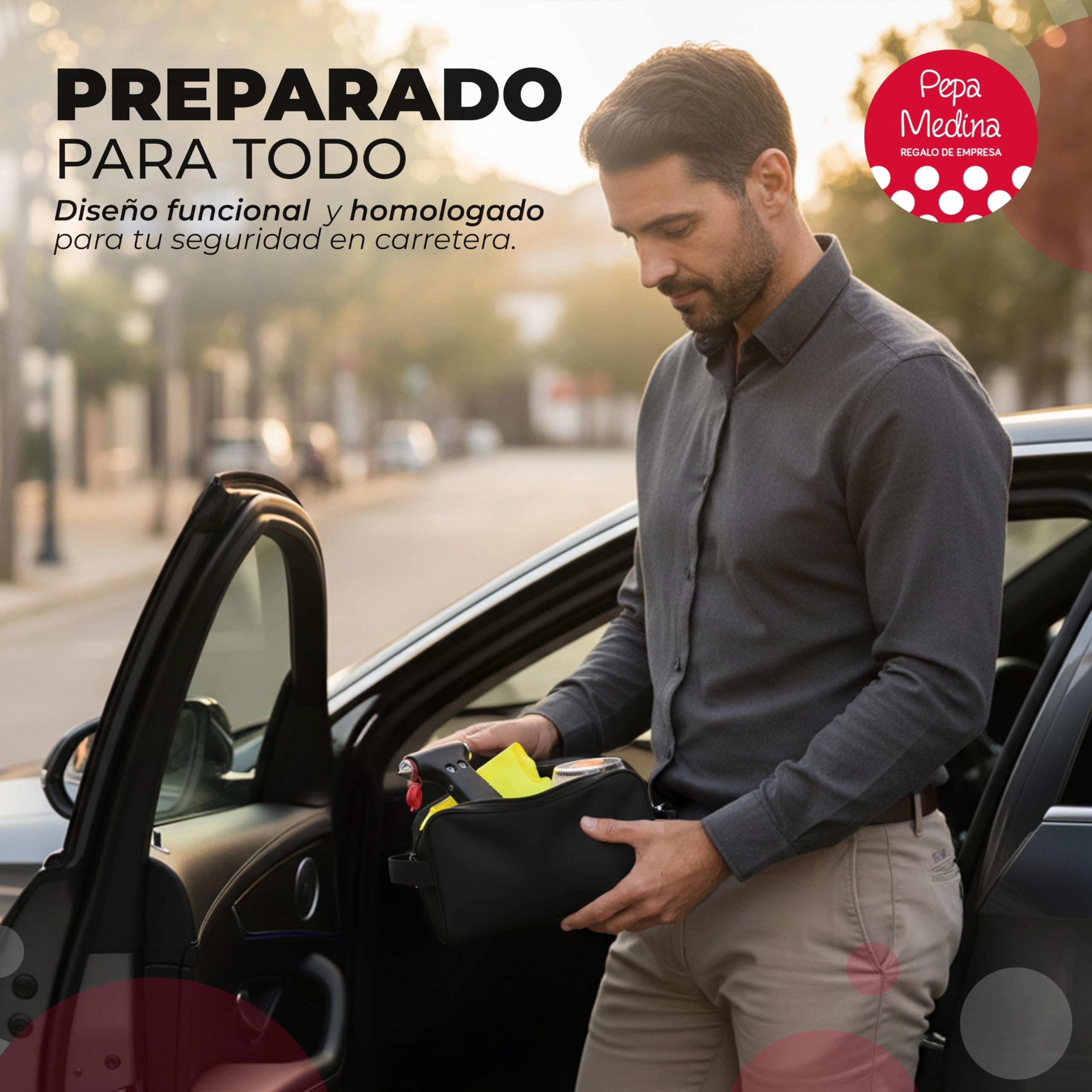Kit Emergencia y Seguridad para Coche con Luz V16 Geolocalizada Homologada DGT 2026, Chaleco Reflectante, Martillo Multifunción, Cuchilla Cortacinturones, Linterna LED y Neceser Compacto