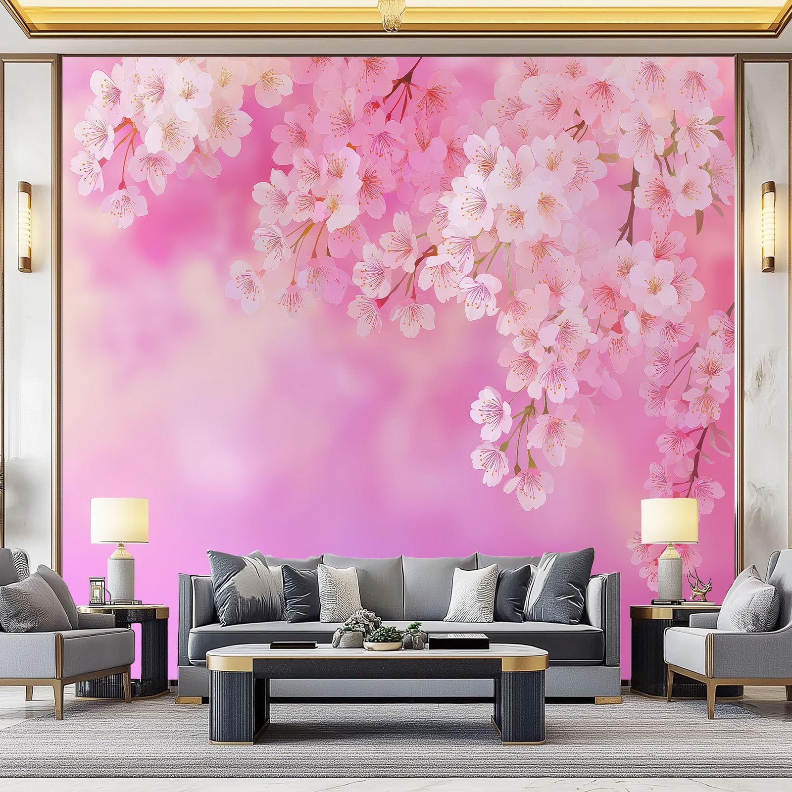Tapety 300 x 210 cm Fototapety Świeże skupiska kwiatów, płaczące gałęzie fotomuralna włóknina, do salonu sypialni nowoczesne tapety ścienne gigantyczne tło czerwone