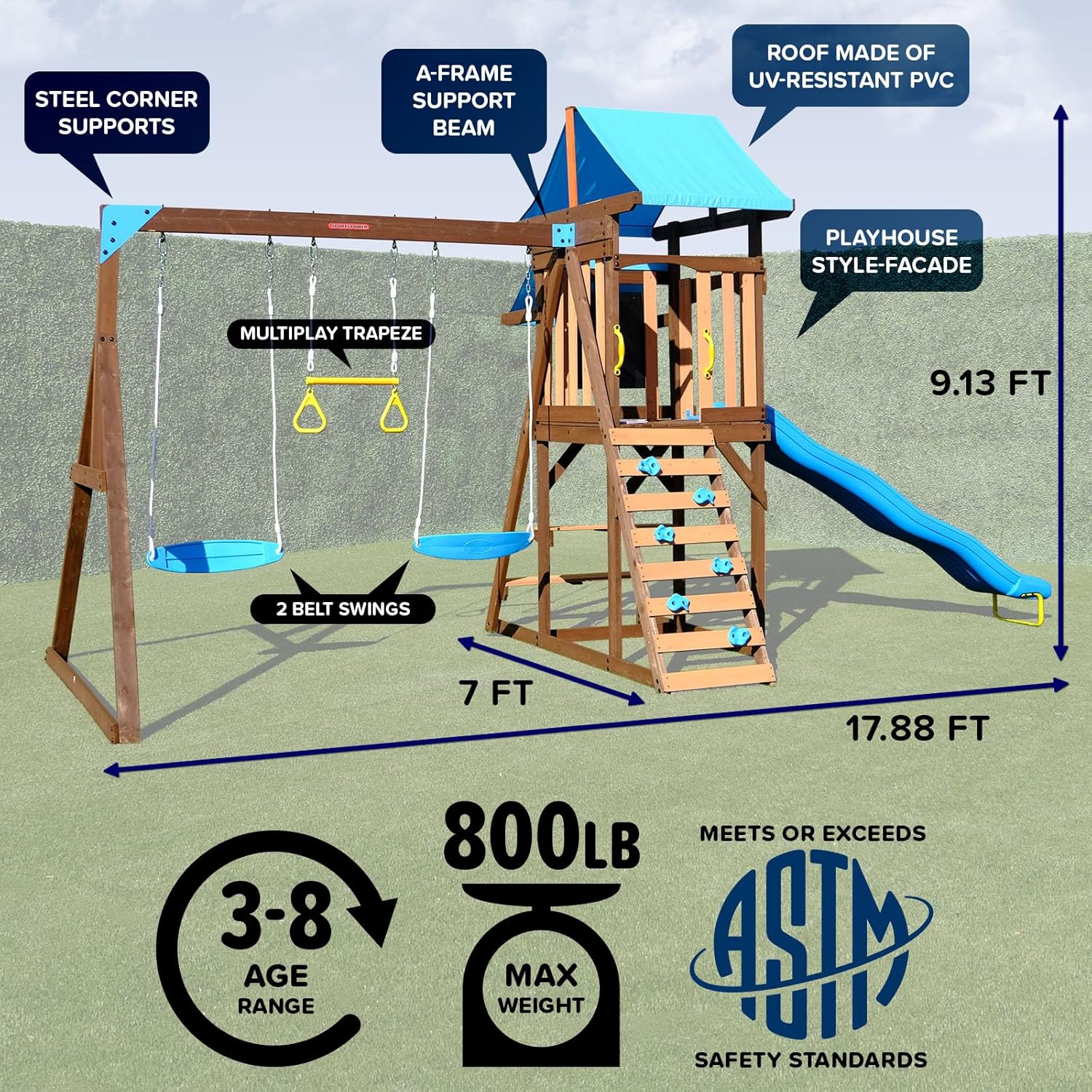 Sportspower Rosemont Cedar Wooden Swing Set with 8' Slide, 2 Adjustable Swings, Trapeze, Play Fort with Rock Climber, Sandbox, Picnic Table, Chalk Tarp & Anchor Kit, Outdoor Playset for Kids Ages 3–8