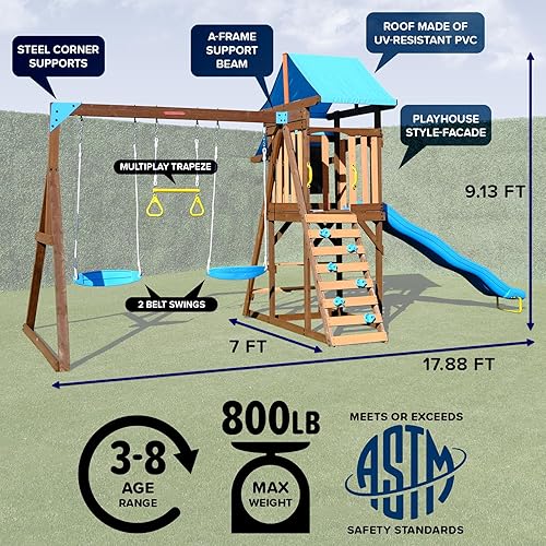Miniatura 8 de Sportspower Rosemont - Juego de columpios de madera juego fuerte, banco con mesa, caja de arena, trapecio y tobogán de 8 pies