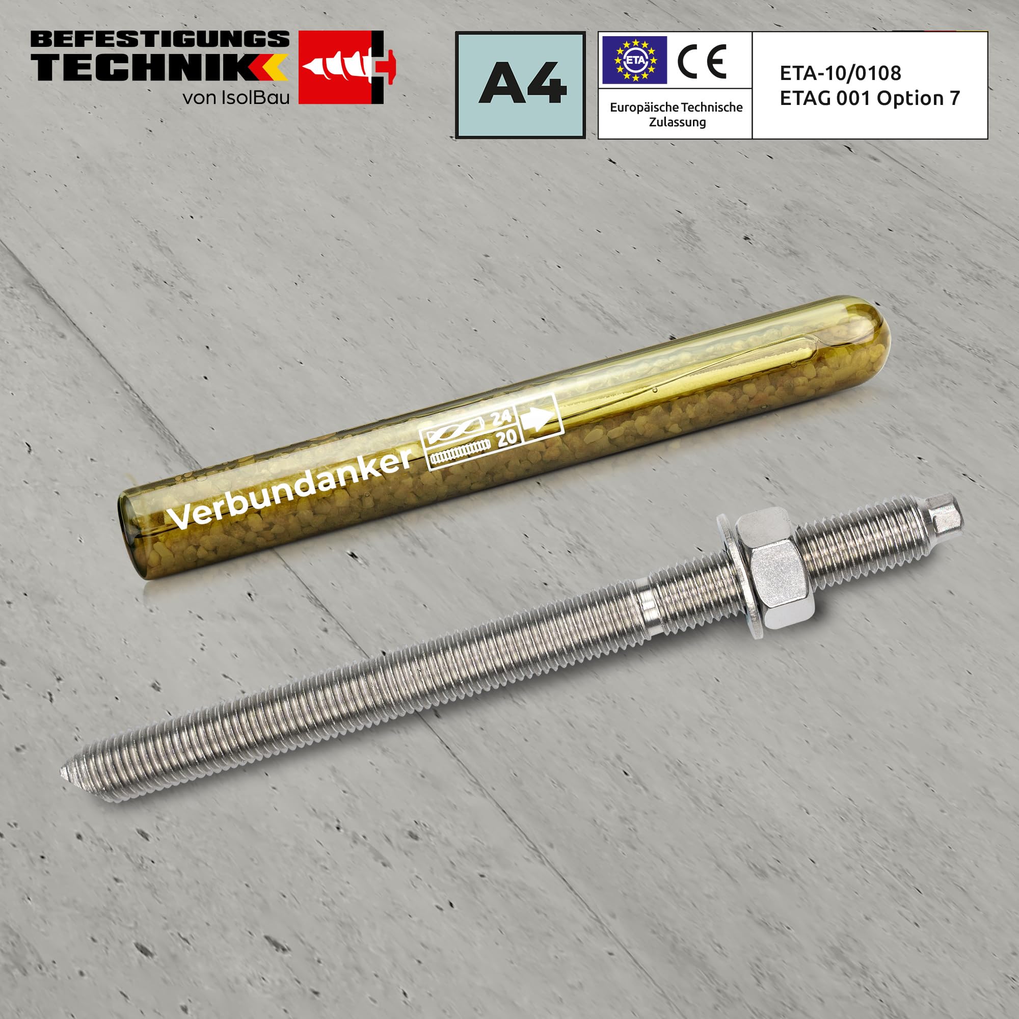 Isolbau Verbundanker Set - Verbundankerpatrone styrolfrei V16 + Ankerstange aus A4 Stahl M16 x 190 - ETA Zulassung - 10 Stück