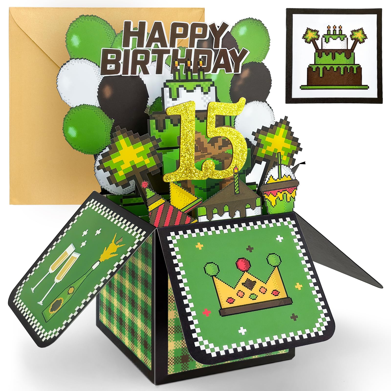 YianHien 15th Birthday Card Boy, 3D Pop Up Birthday Card for 15 Year Old Son Grandson Brother, Pixel Gaming Themed Birthday Greeting Cards, Happy Birthday Decoration Gifts with Notecard & Envelope