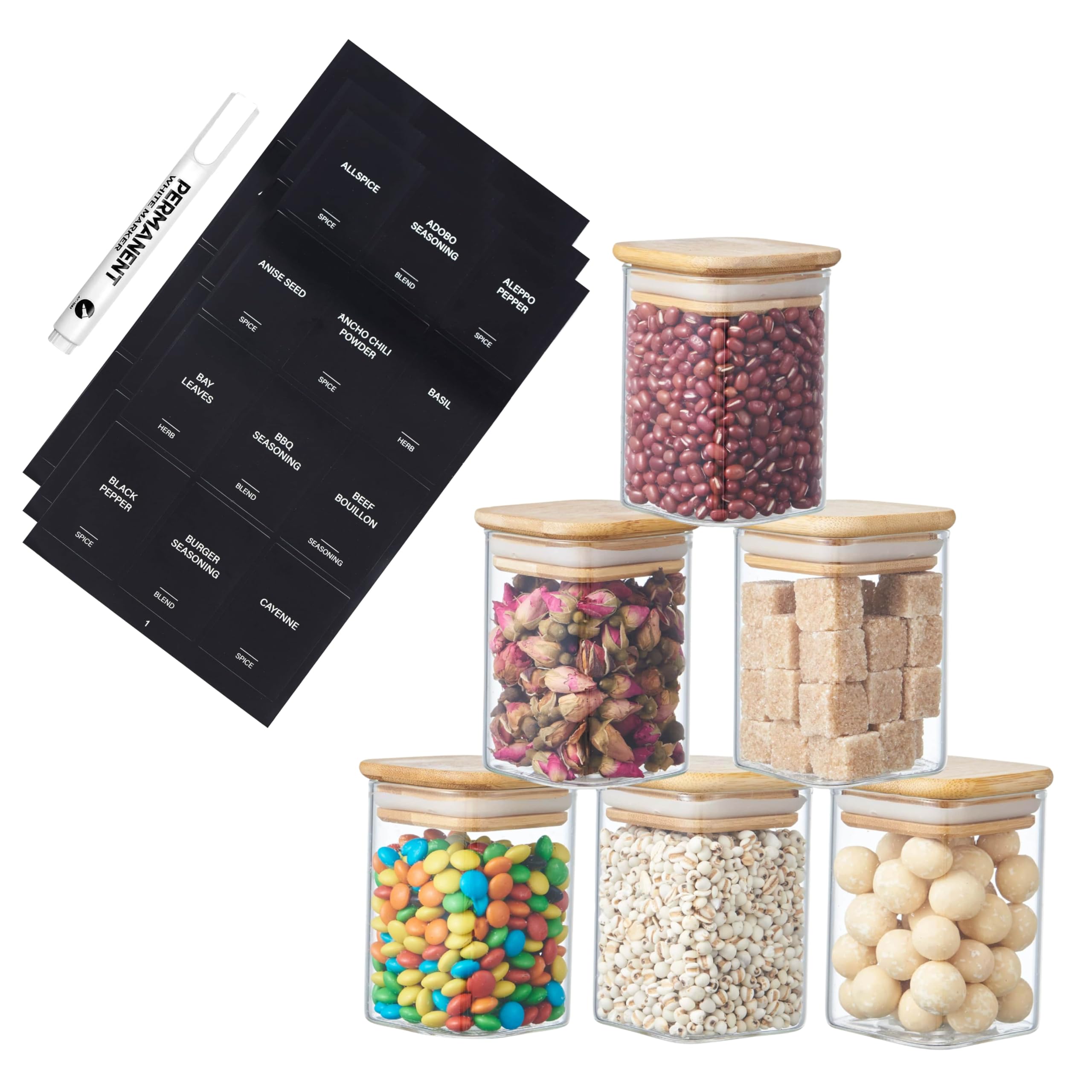 Small Square Glass Storage Jars with Airtight Bamboo Lids | Kitchen Organization Containers | Spice Jars with Preprinted Labels & White Marker – Pantry Storage for Herbs & Spices (6, Clear, 200ml)