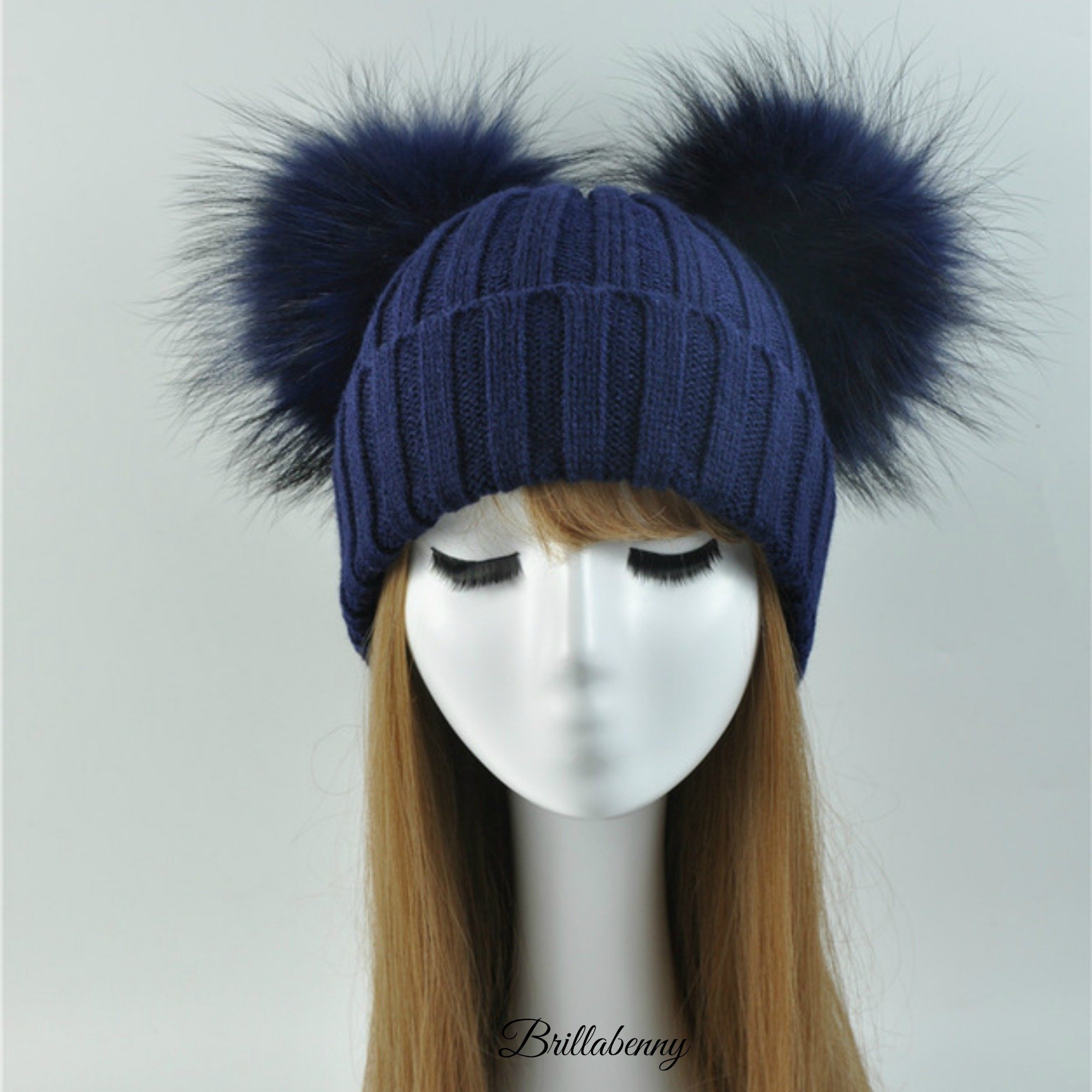 Cappello Berretto Donna Blu Modello Cuffia Vera Pelliccia PON PON Misto Lana Luxury Hat