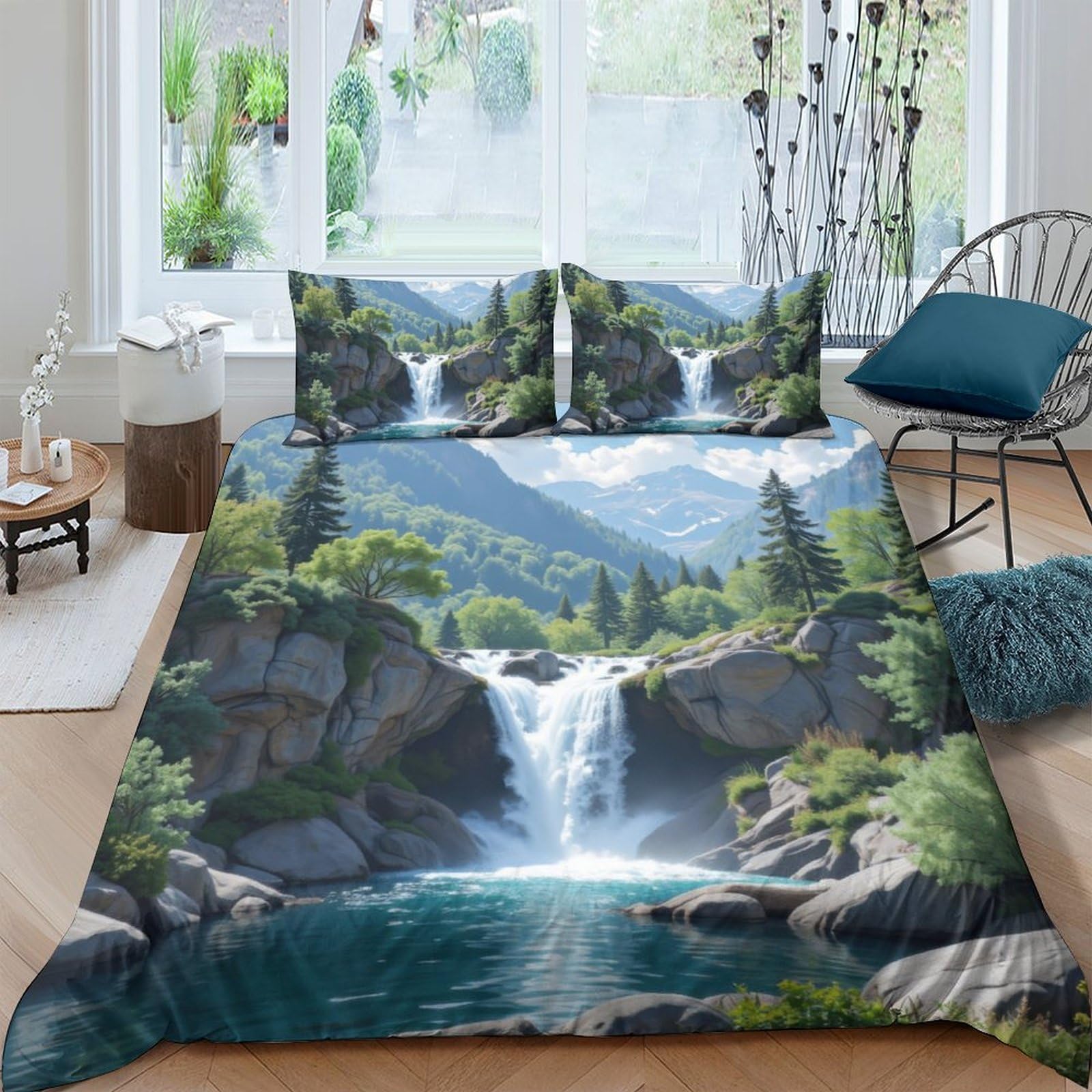 Ctjqhvkz Style-9 3D Printed Waterfall Landscape Fitted Sheet Microfiber Soft Bedroom Decor Mountain Stream Mattress Cover Single（135X200cm）